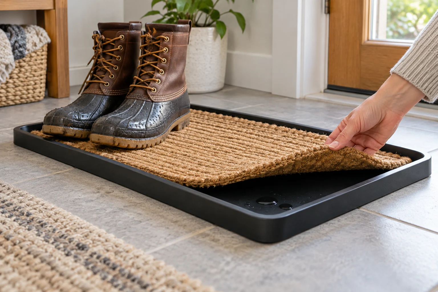 Boot tray rim and coir insert roles as a person lifts the woven insert to reveal water within a raised-edge tray beside wet boots.