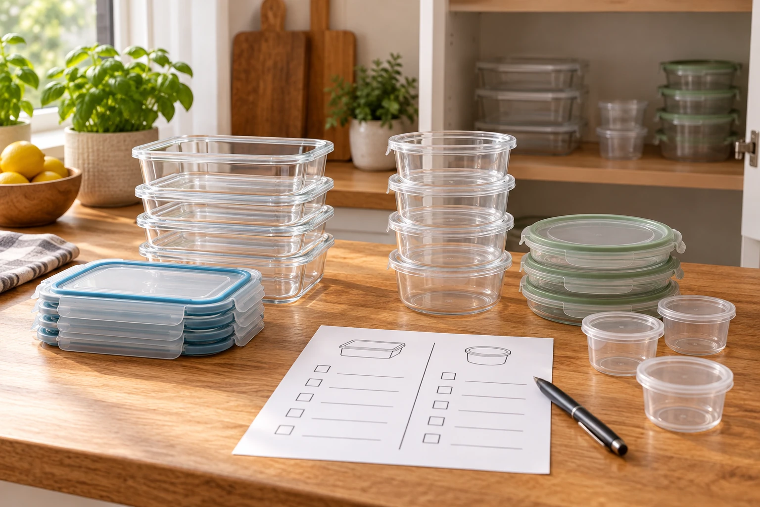 Meal prep container pack count worksheet comparing matched lids and bases with a week of portions and available cupboard space.
