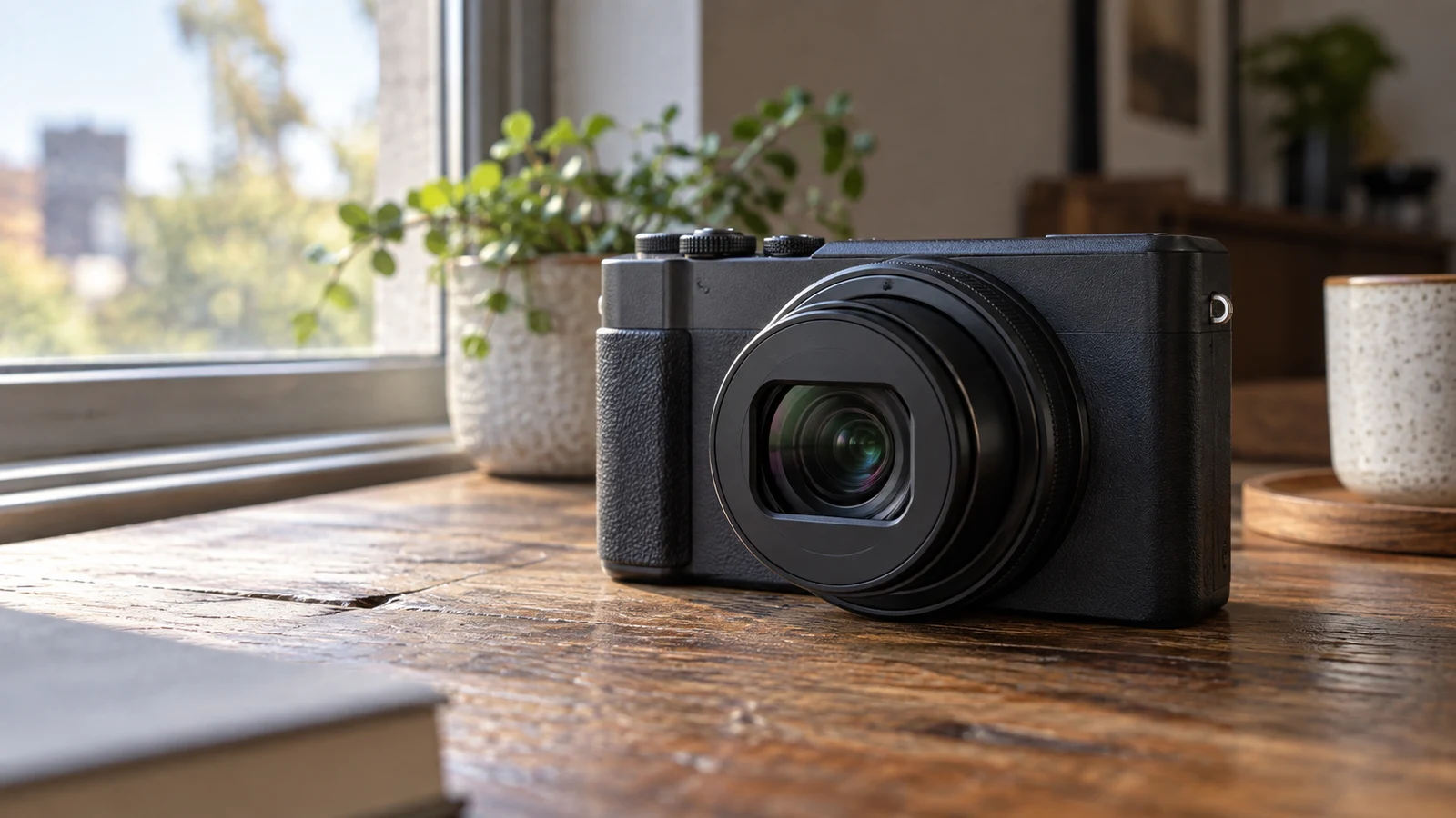 Sony ZV-1 II flash-free photography: An unbranded black camera rests on a wooden table beside a window.