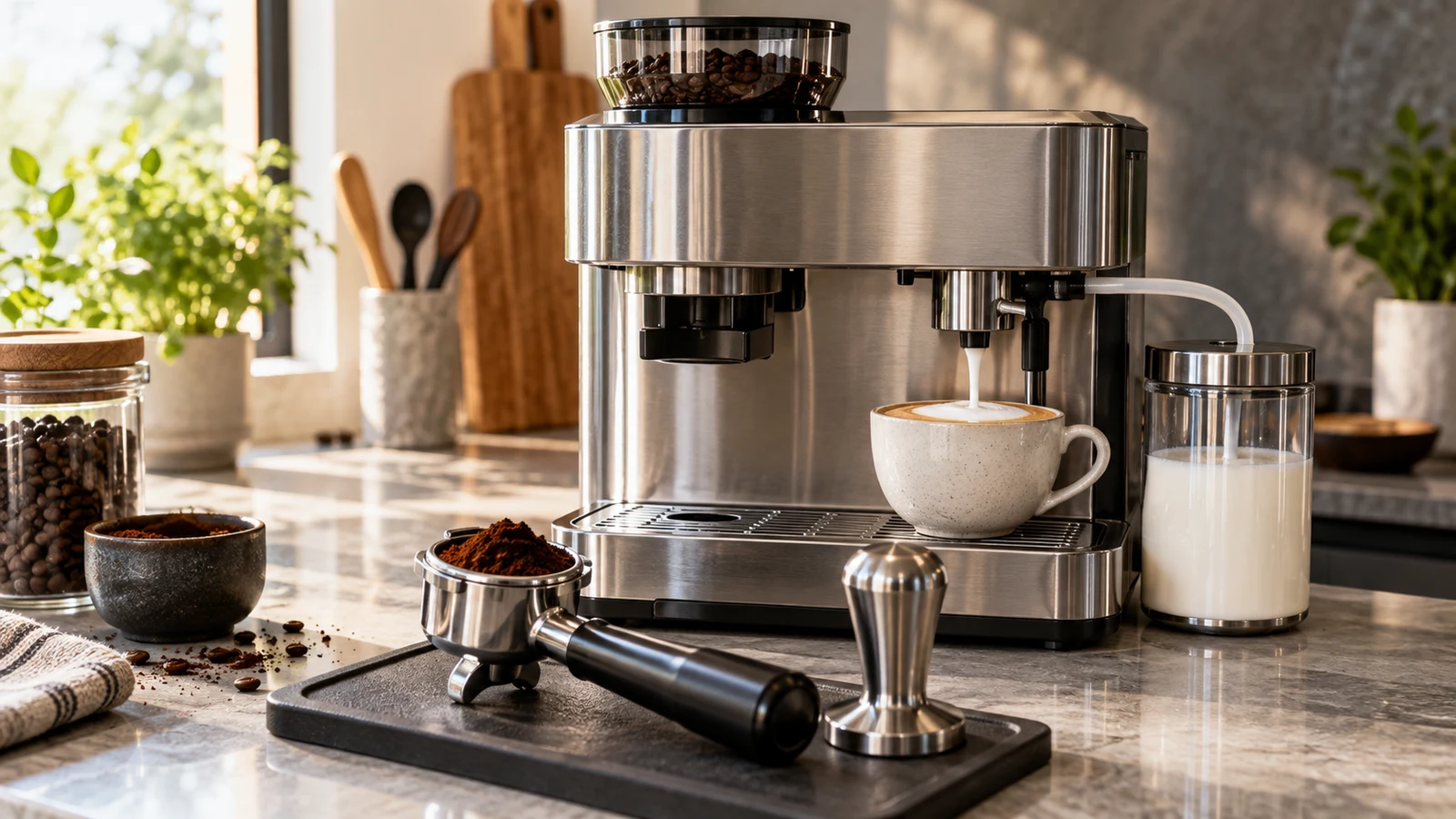 AIRMSEN BCM2316: An unbranded espresso machine, milk carafe, coffee-filled portafilter and tamper sit on a kitchen counter.