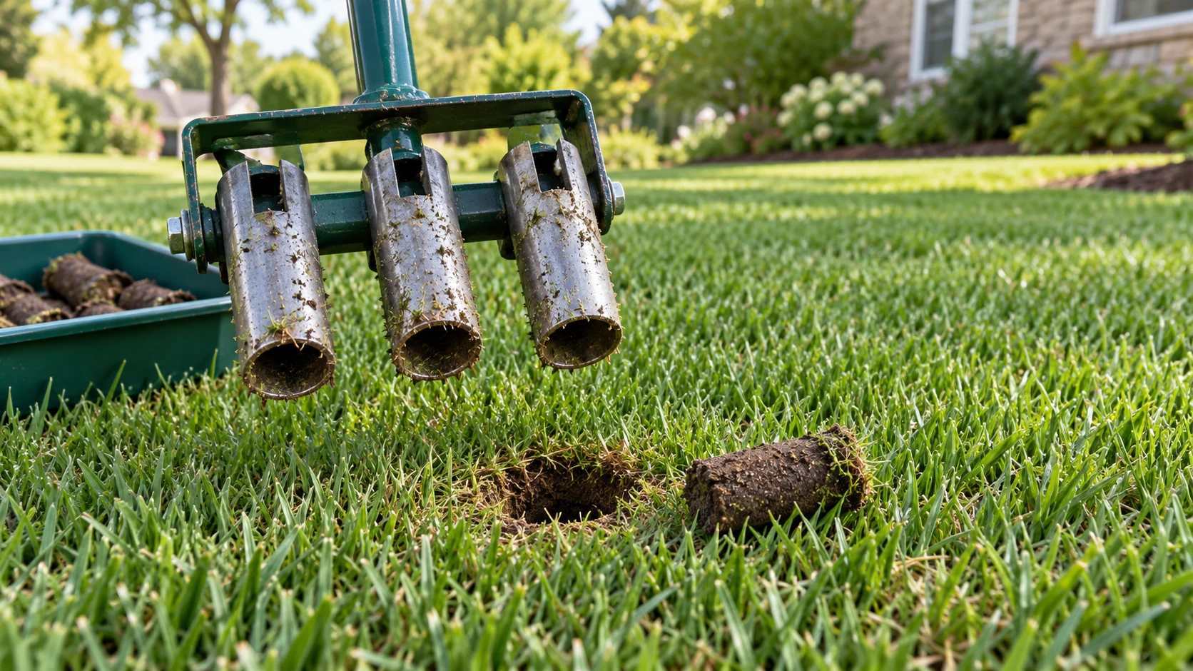 Manual core aerator plugs not ejecting troubleshooting scene with open hollow tines beside a small lawn test hole and one released soil core.