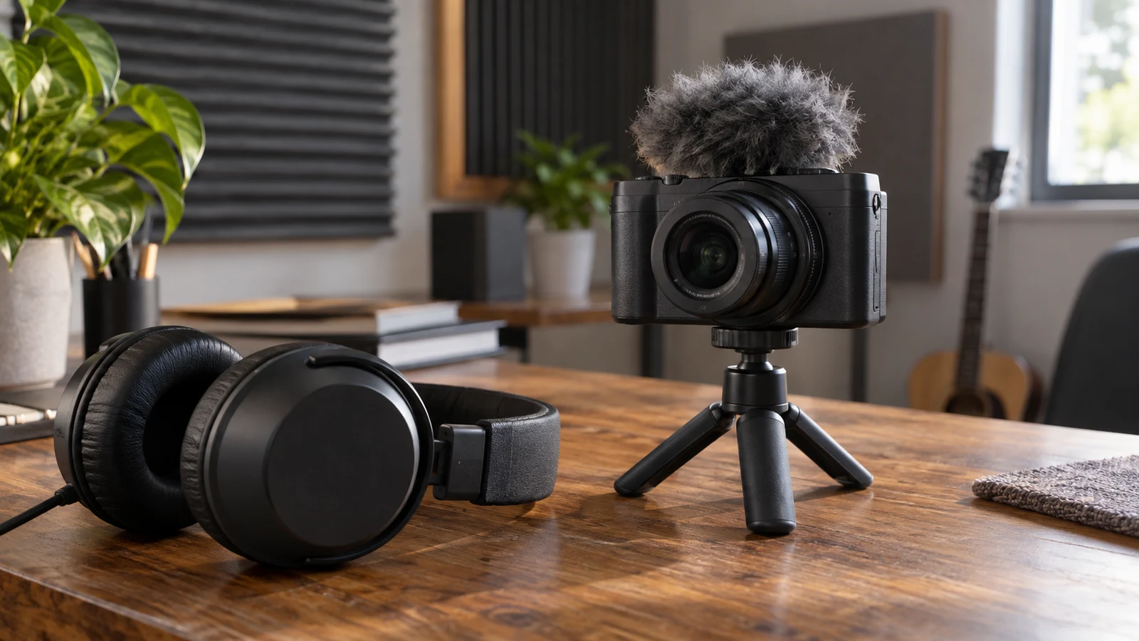 Sony ZV-1 II capture sound checks: A camera with a furry windscreen stands beside headphones on a wooden table.