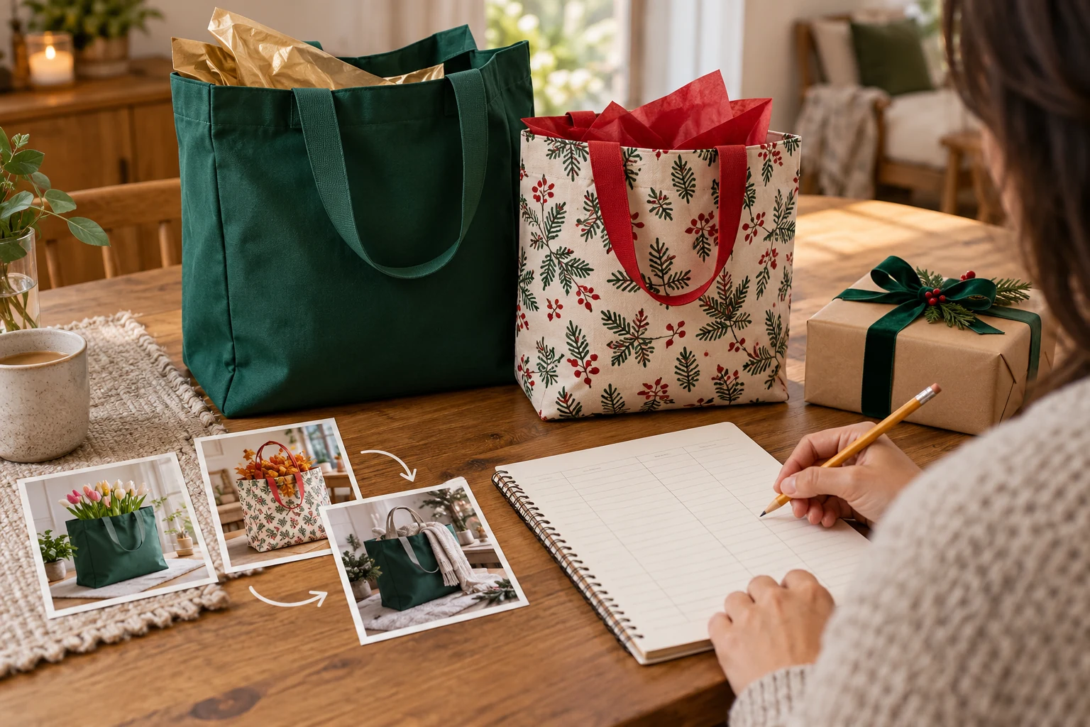 Reusable gift bag cost per handoff: two fabric gift bags beside a blank use ledger while a person plans future gift occasions.