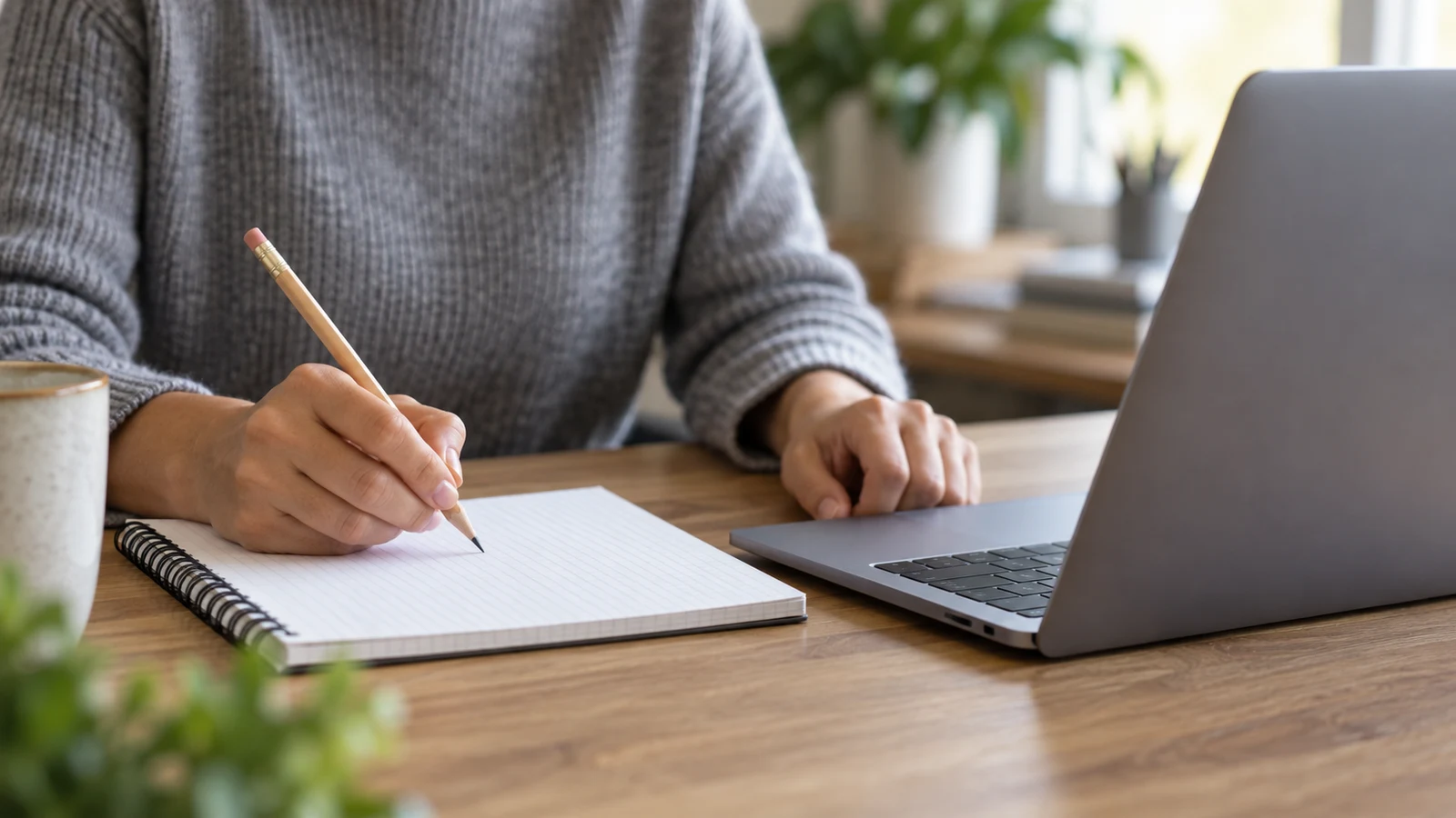 spreadsheet formula references: A person holds a pencil over a squared notebook beside a laptop on a wooden desk.