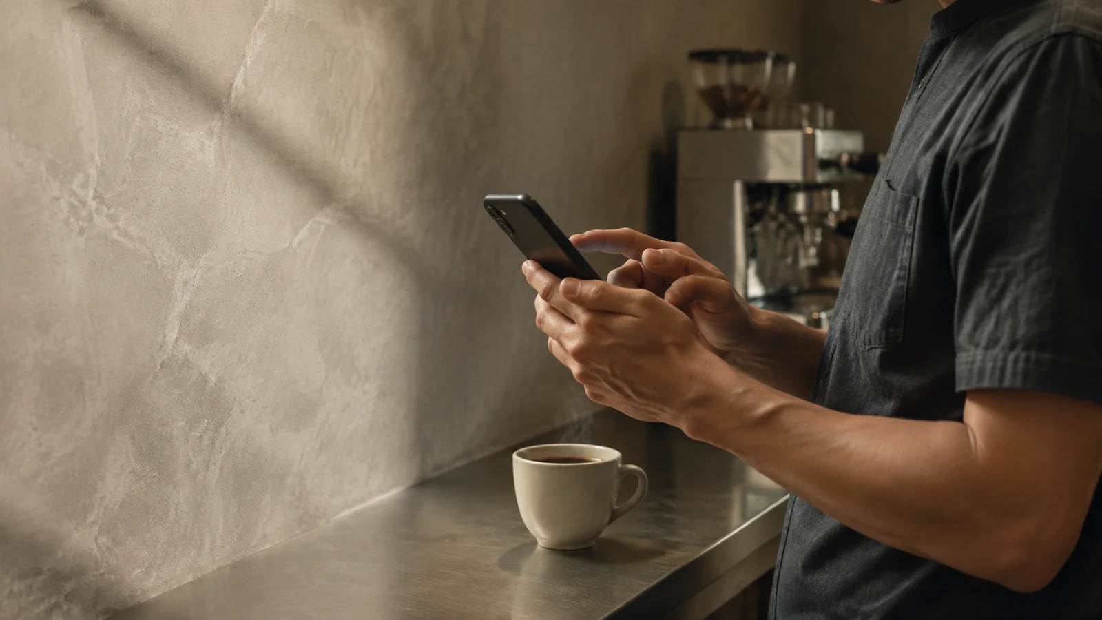 crypto checkout expiration: A person holds a smartphone beside a coffee cup on a stainless-steel shelf.