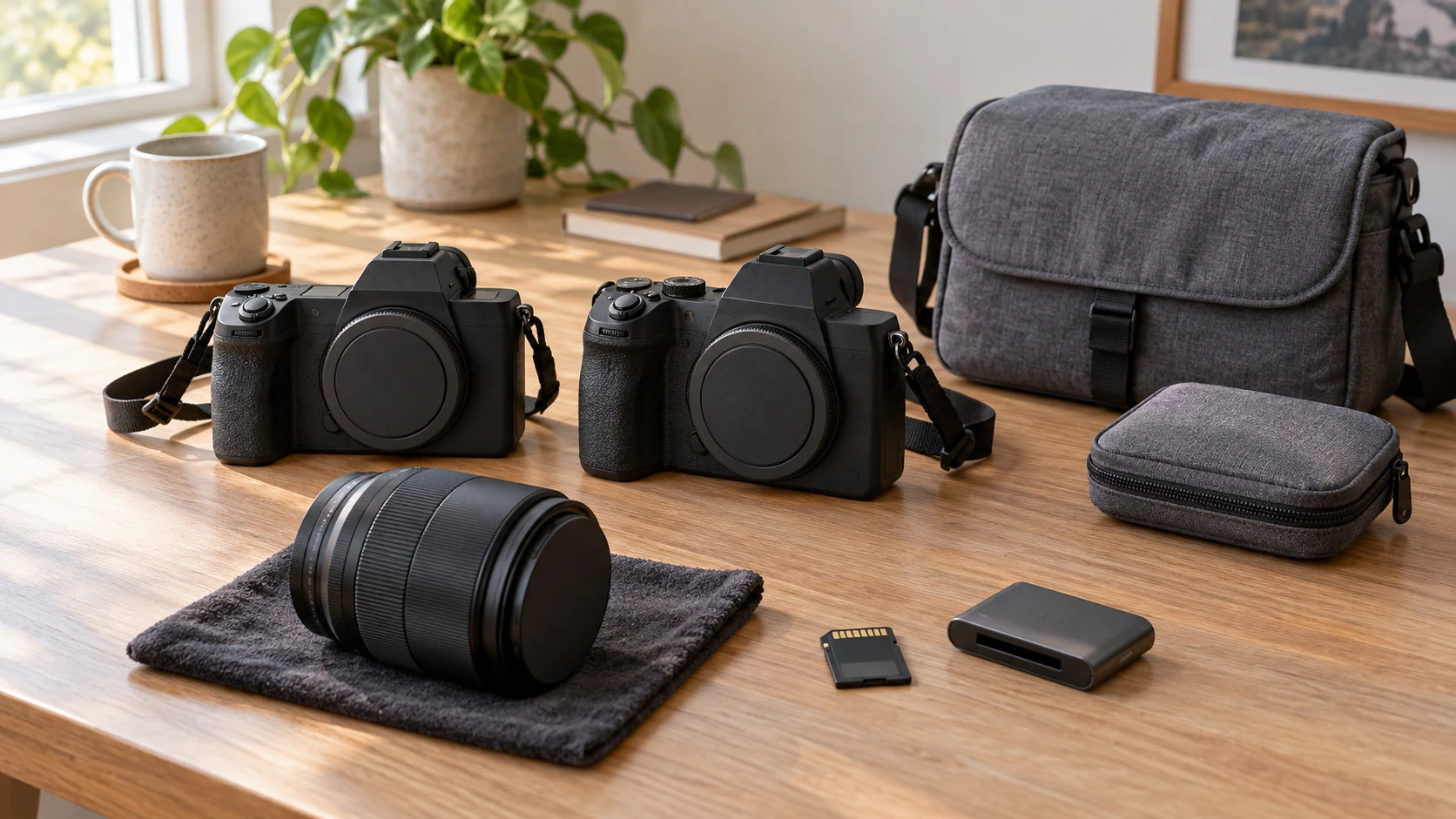 Camera lens-kit and body-only inventory illustrated by two complete generic unpowered camera forms beside a detached lens and separate memory card, reader and carrying accessories; not exact models or a demonstrated compatible assembly.
