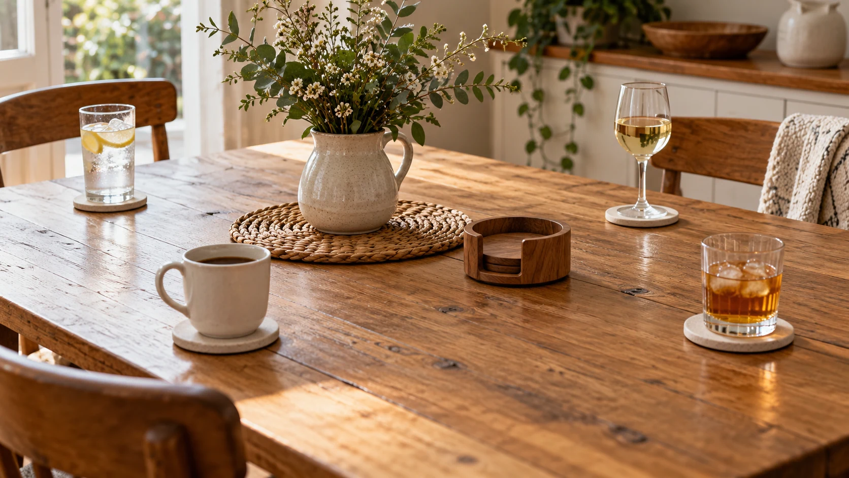 coaster return routine: four coasters at drink positions around a table with their holder nearby for gathering the set.