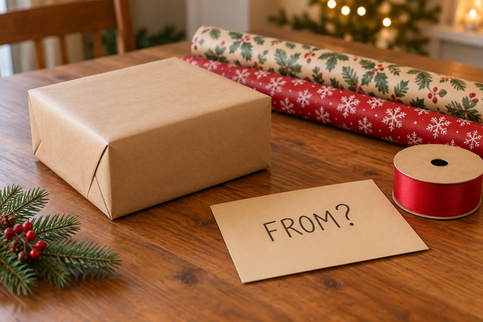 Christmas joint gift labels separate an unfinished giver-name card from shared wrapping supplies, without assuming a joint present.