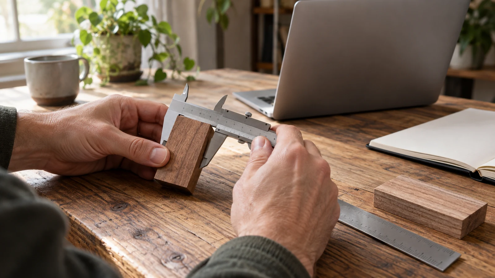 spreadsheet unit checks: Hands hold a caliper around a wood block beside a laptop and notebook.
