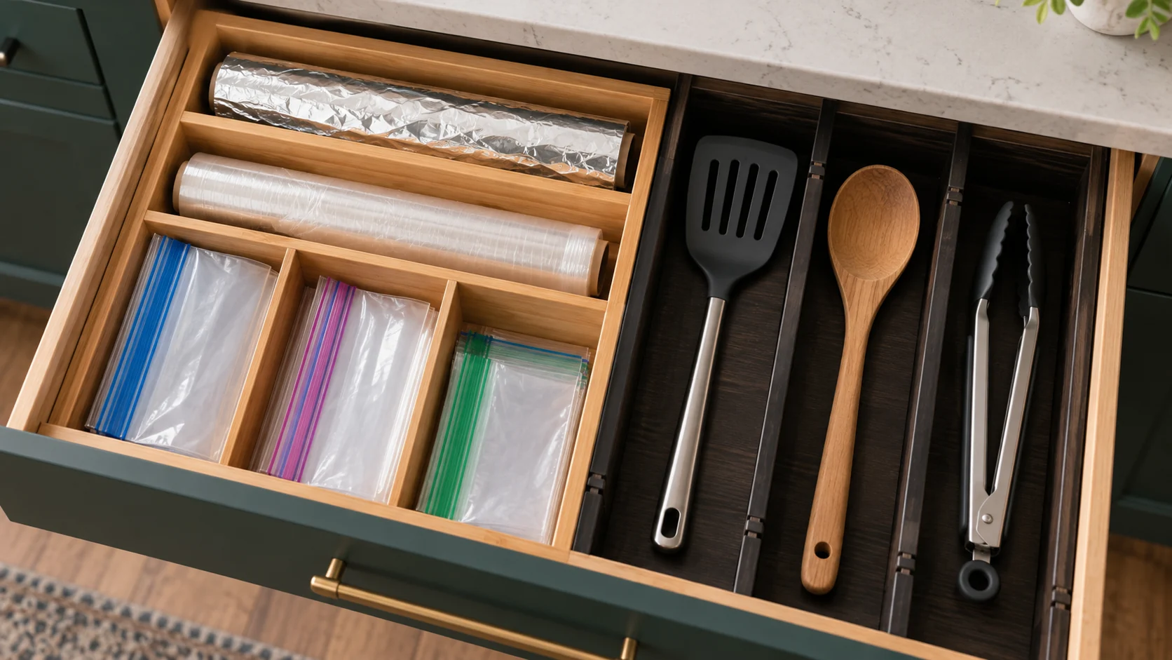 How to divide a kitchen drawer: a bamboo wrap-and-bag station beside utensil compartments in one open drawer.