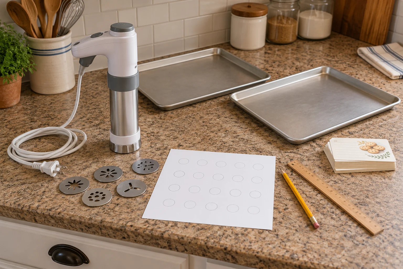 Cookie press tray planning with a whole inactive generic press, two empty baking sheets, a paper position worksheet, ruler and recipe cards