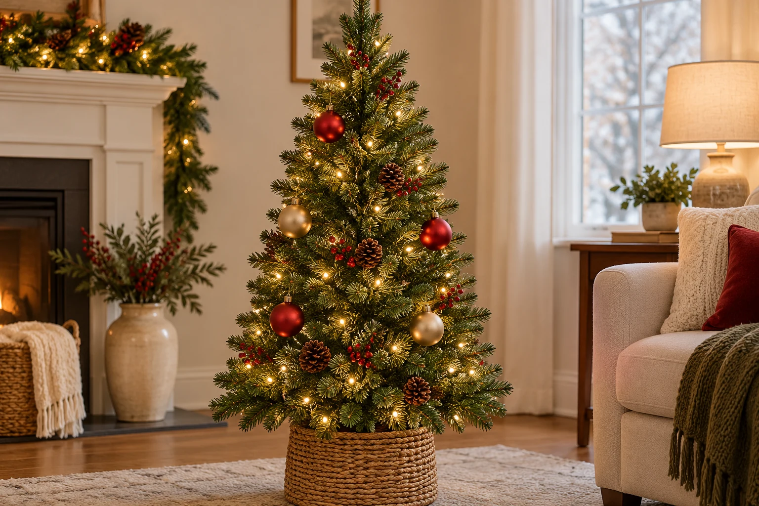 A pre-lit 4-foot Christmas tree with a few ornaments spaced around visible lights and branch details.