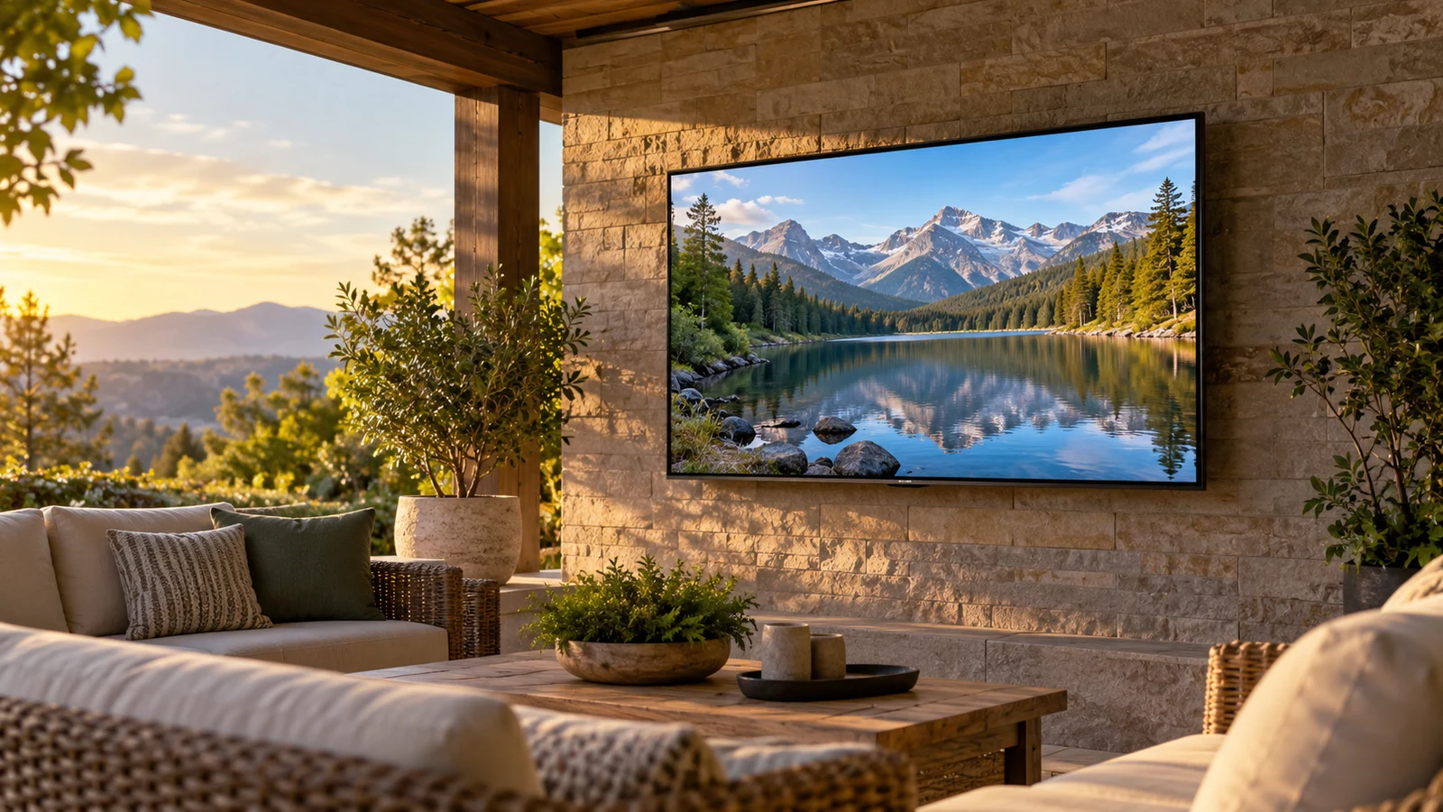 SYLVOX Deck Pro outdoor TV: A television showing a mountain lake hangs above woven seating on a covered patio wall.
