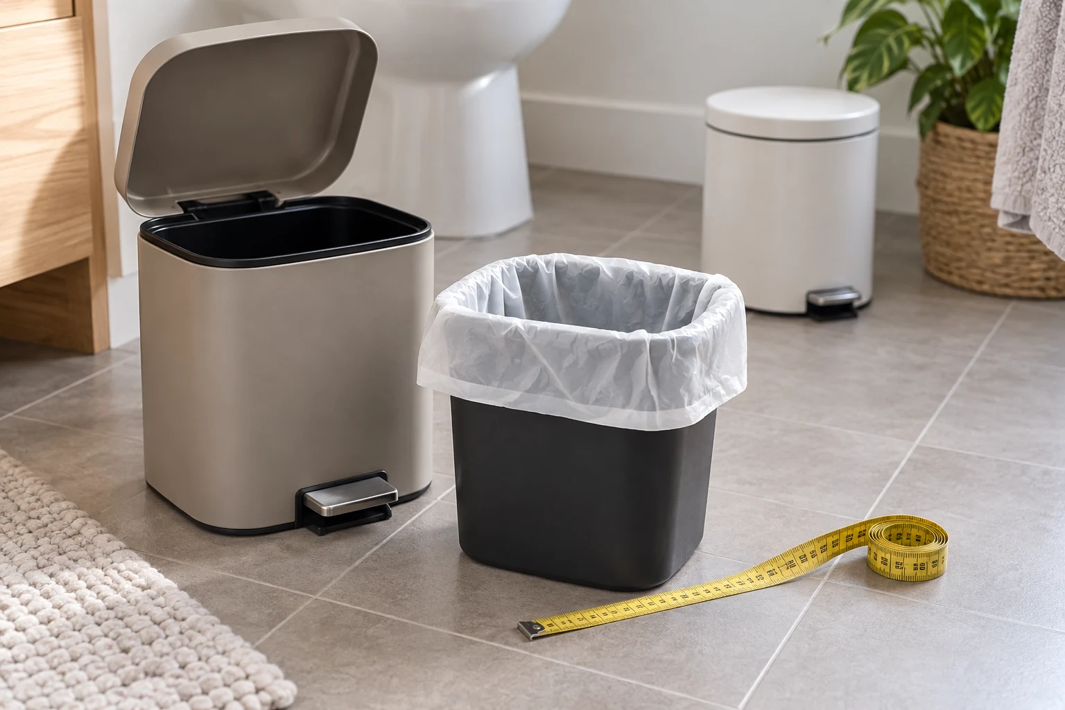 small bathroom trash can liner fit before bulk buying shown by a liner fitted over a small inner bucket beside a bathroom bin and tape measure.