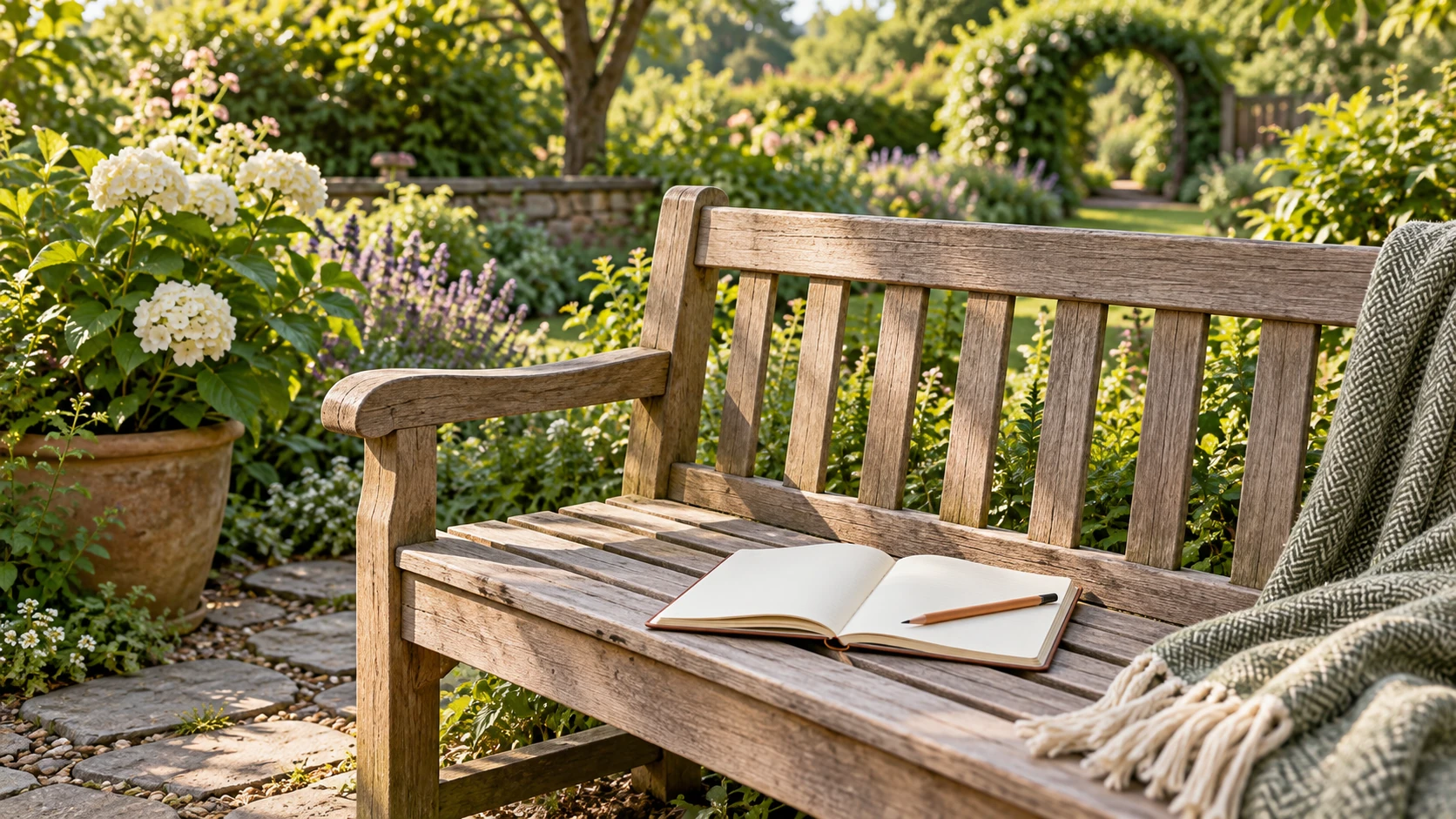 Garden bench dialogue scene concept with an open blank notebook and pencil on a generic unoccupied garden bench, without readable dialogue, measurements or an assembly demonstration