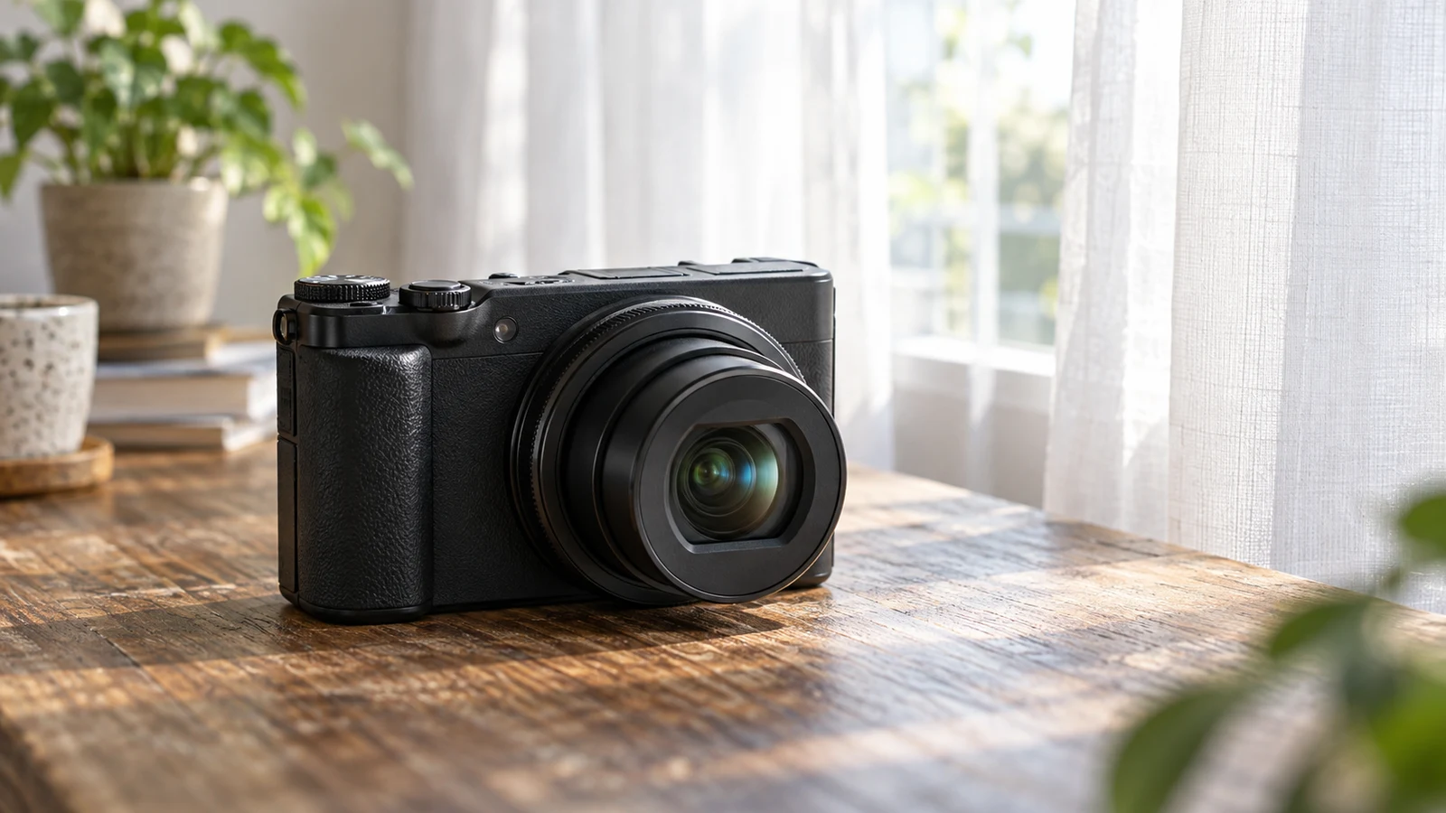 Sony ZV-1 II highlight warning checks: An unbranded black camera rests on a wooden table beside a bright curtained window.