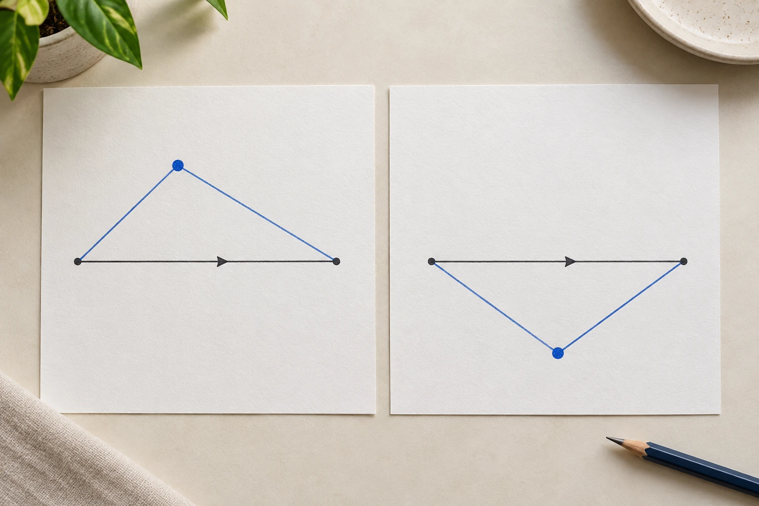 Mirrored paper template compatibility illustrated by paired paper layouts with locator points on opposite sides of matching baseline arrows; no actual tool measurement is shown.