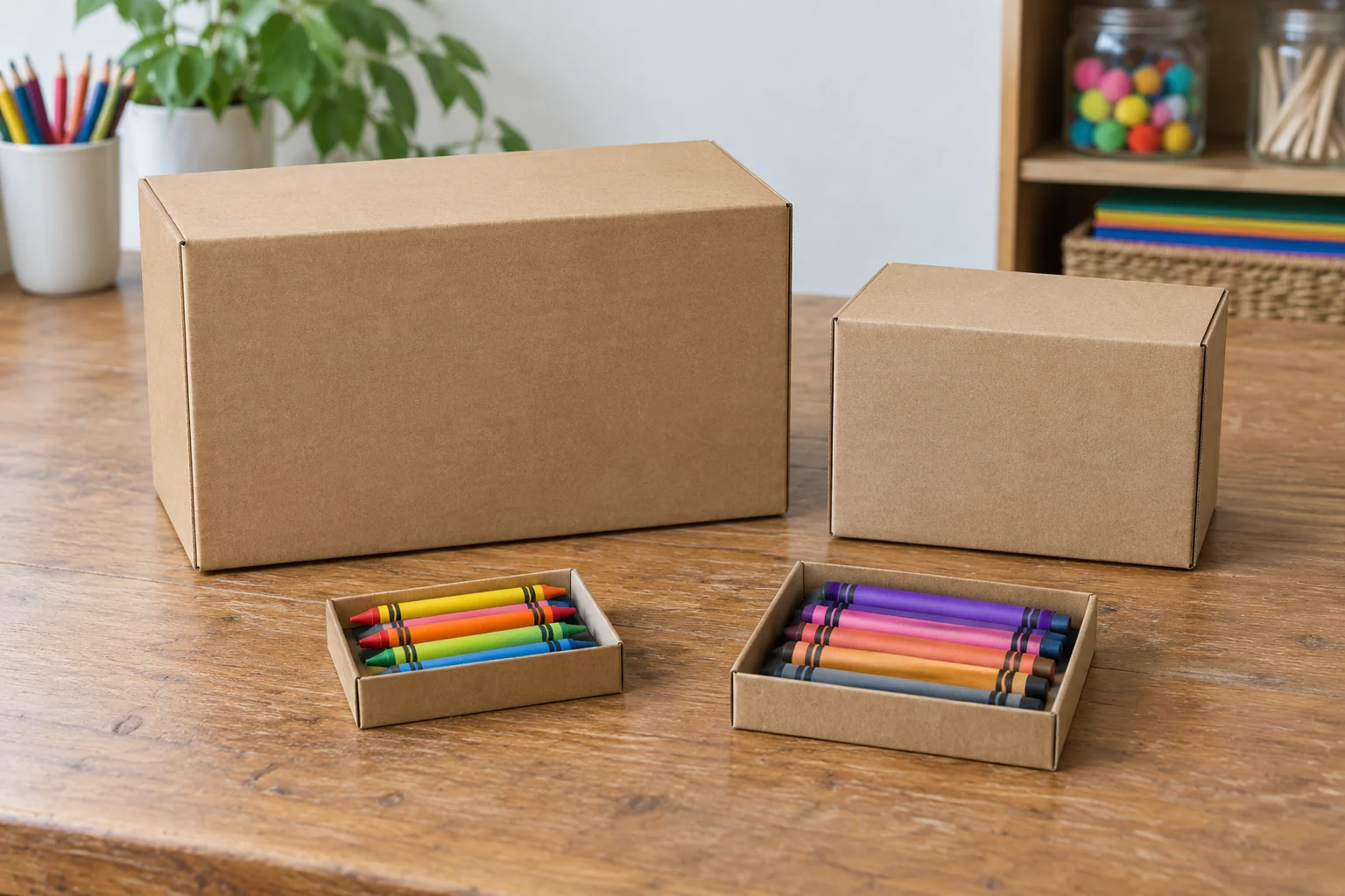 Bulk crayon pack cost concept with two whole plain supply boxes and separate complete generic crayon trays on a worktable.