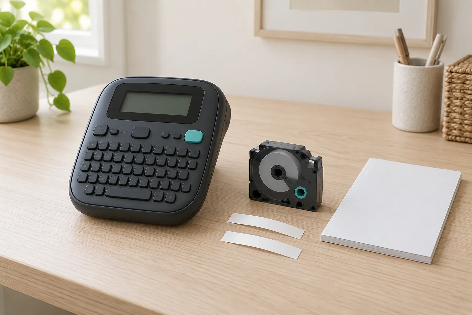 DYMO LabelManager 280 no display concept with a complete generic inactive label maker, loose cassette, blank labels and closed instruction book
