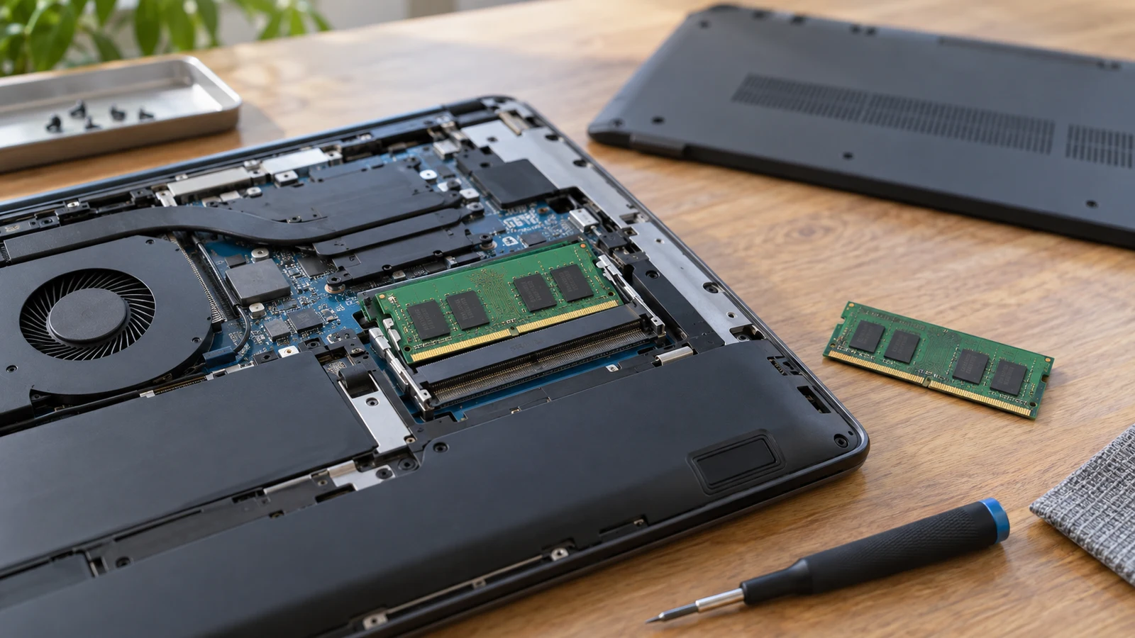 Dell Inspiron RAM upgrade checks: An unbranded laptop with exposed memory sits beside a RAM module and screwdriver on a wooden table.