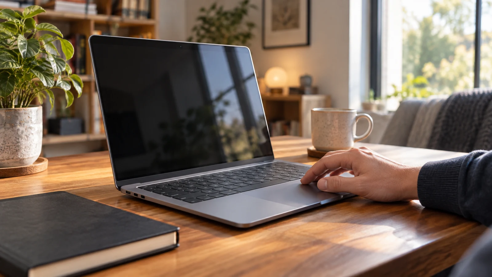 Dell Inspiron picture-in-picture checks: A hand rests on an unbranded laptop beside a closed notebook on a wooden desk.