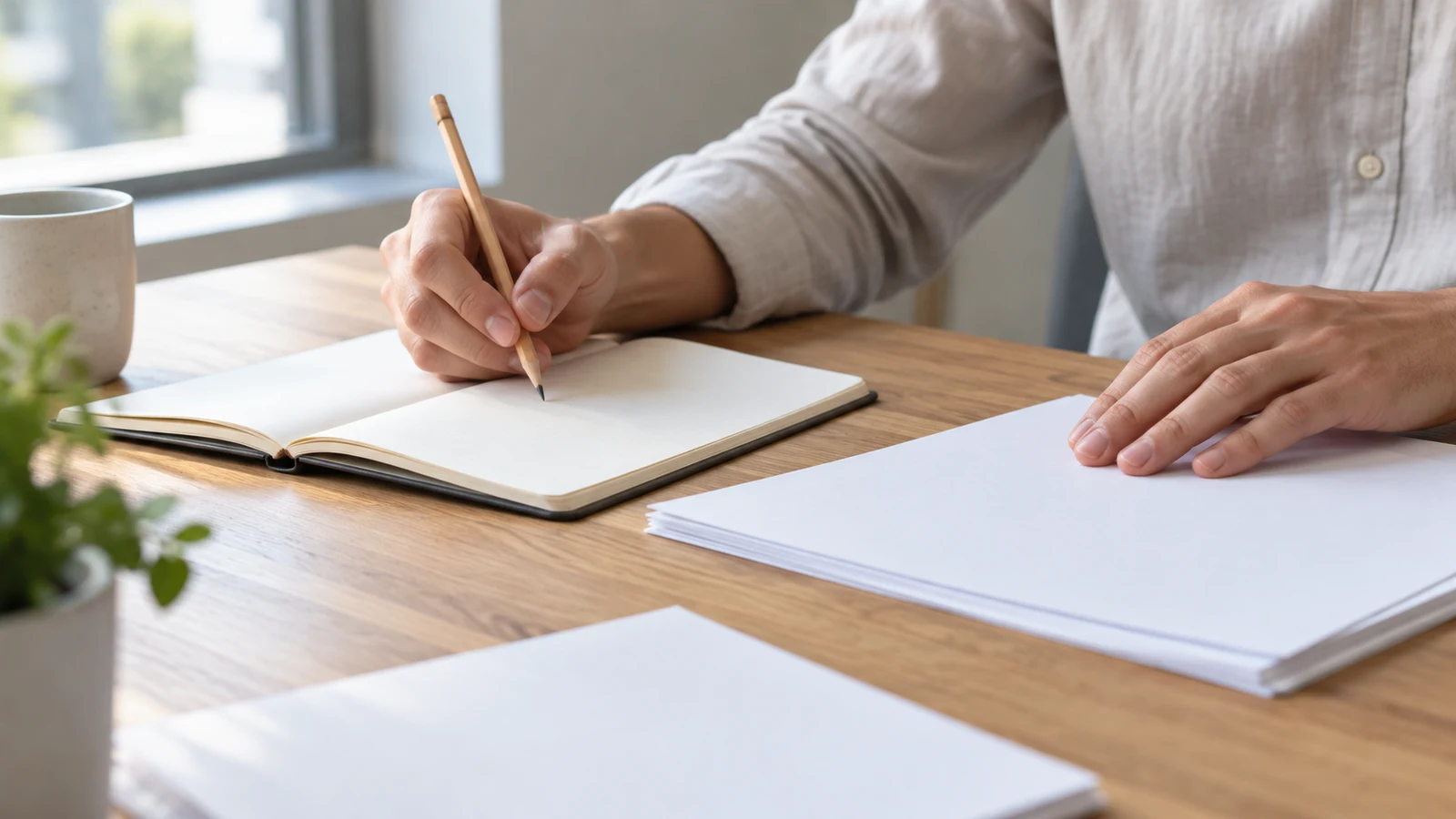 write acceptance criteria: A person holds a pencil over a blank notebook beside a stack of paper on a wooden table.