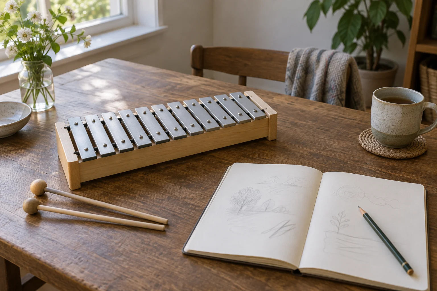 Glockenspiel sound journal scene with a whole generic tabletop metal-bar instrument, two beaters, open notebook and pencil.