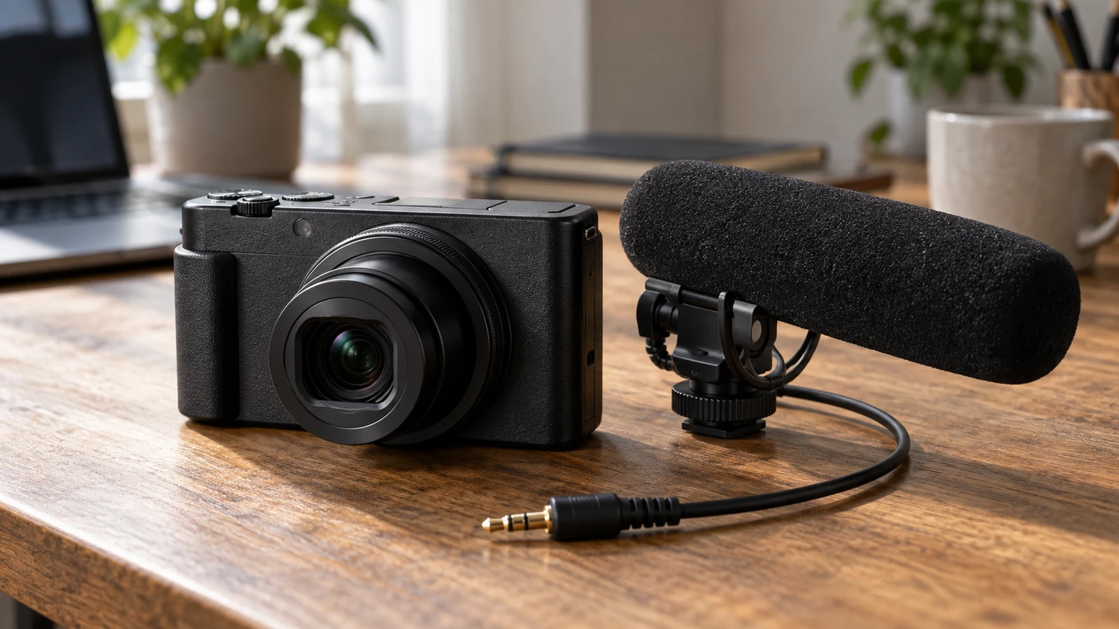 Sony ZV-1 II external microphone checks: An unbranded compact camera, microphone and audio cable rest on a wooden desk.
