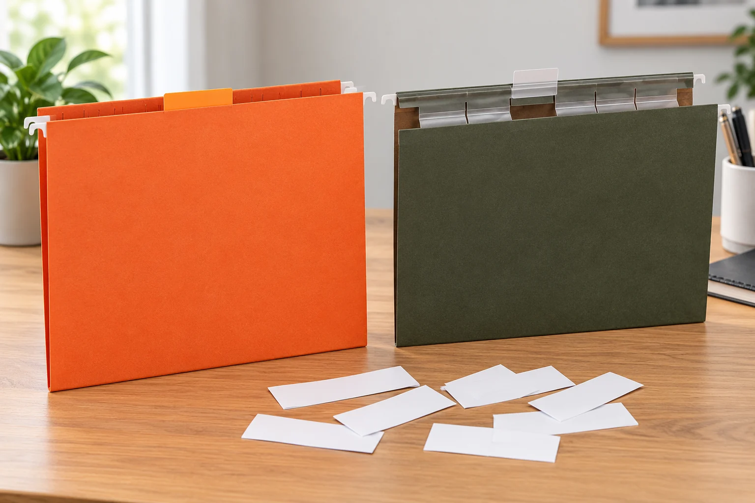 Hanging folder tab fit illustrated by orange and green folders with different tab areas beside loose blank label inserts.