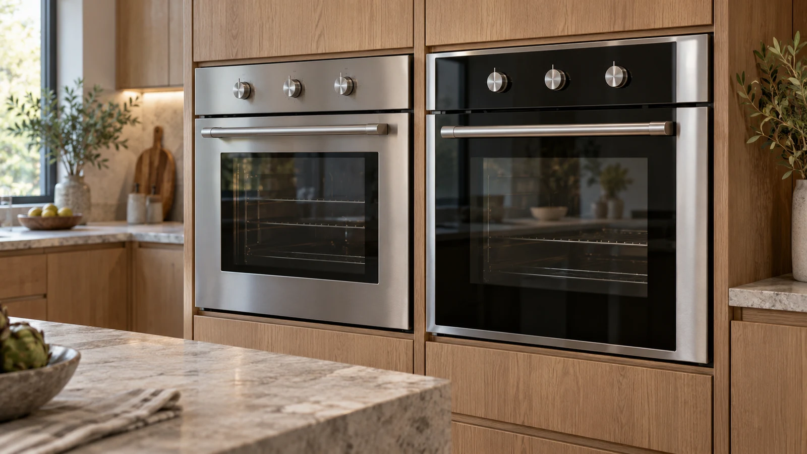 BENESKY vs Magic Chef wall ovens: Two unbranded wall ovens sit side by side in wooden cabinetry behind a stone countertop.