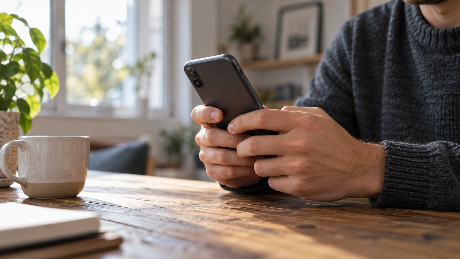 pay with ethereum online: A person holds a smartphone beside a ceramic mug on a wooden table.