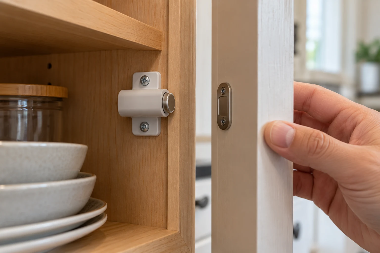 A push-to-open cabinet latch and matching strike plate at an open cabinet door, with a hand checking their alignment without forcing the door.
