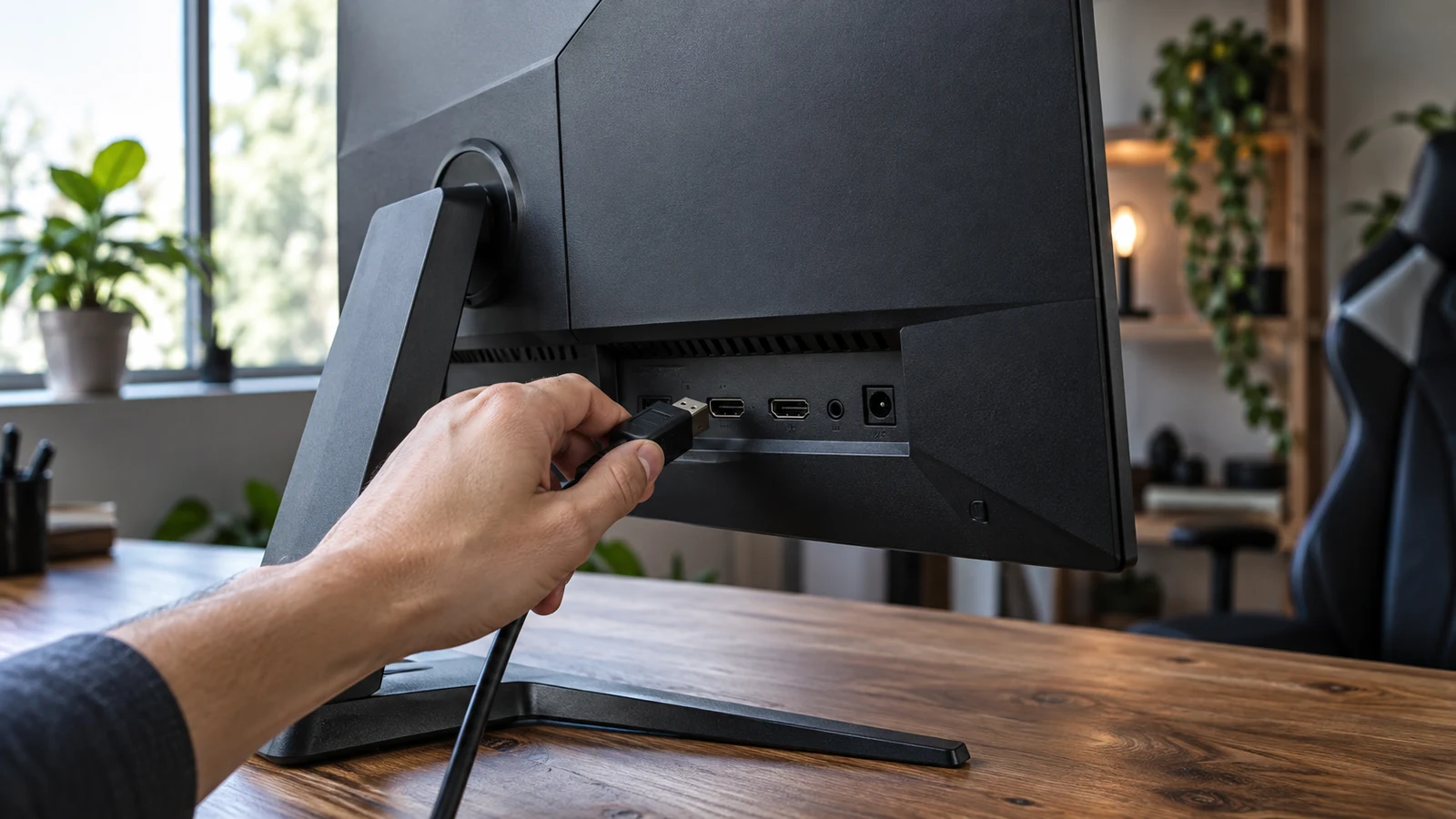 Intexca 24-inch gaming monitor: A hand holds a cable connector near the rear ports of a black monitor on a wooden desk.