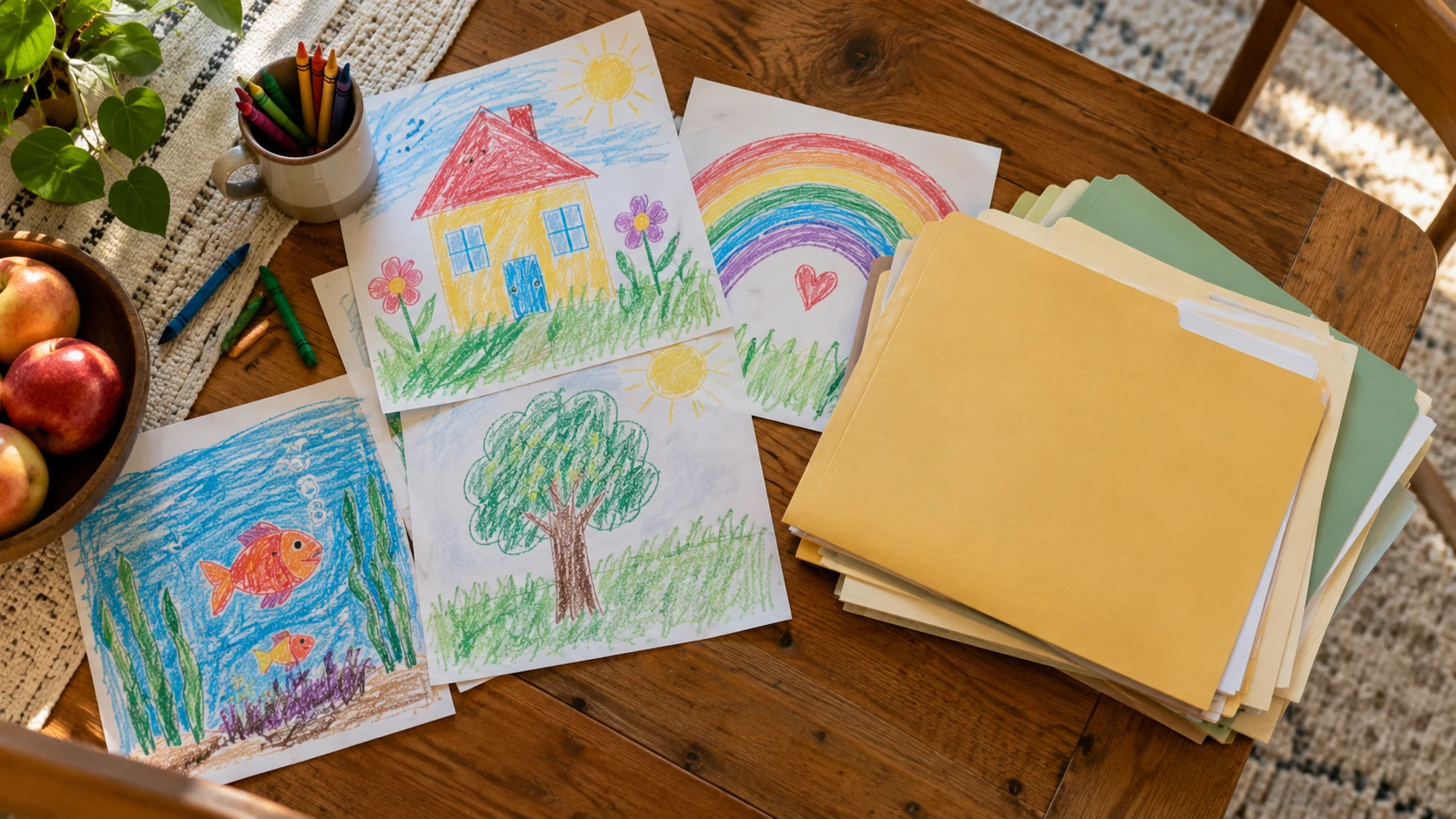 School artwork rotation with child-made drawings beside two file folders for choosing a small current display.
