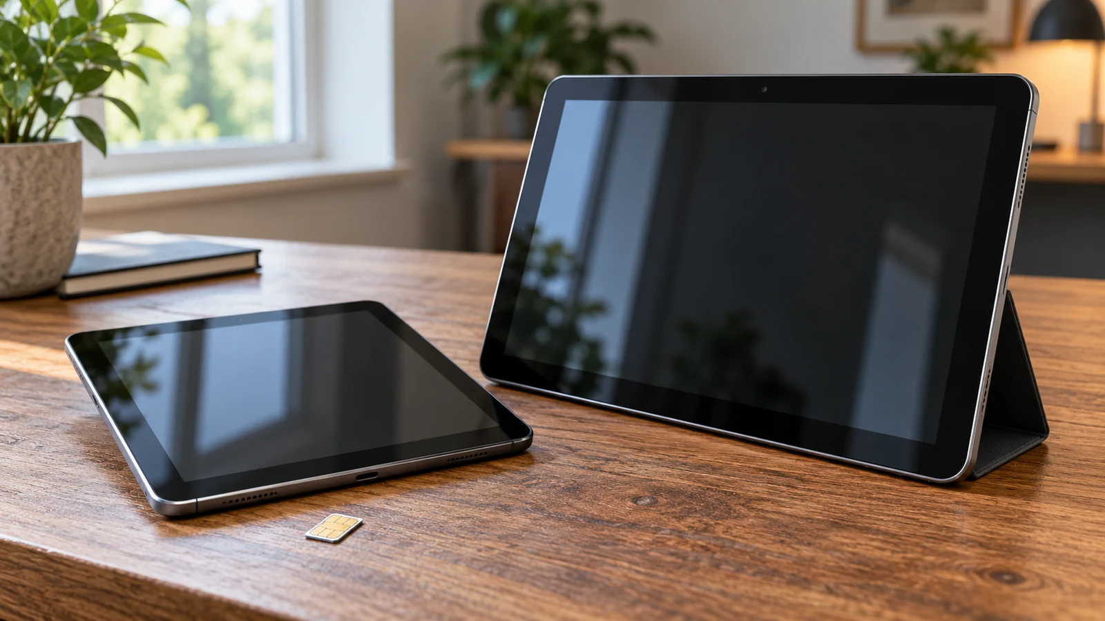VBODN SIM tablet: Two unbranded tablets with dark screens and a SIM card rest on a wooden desk.