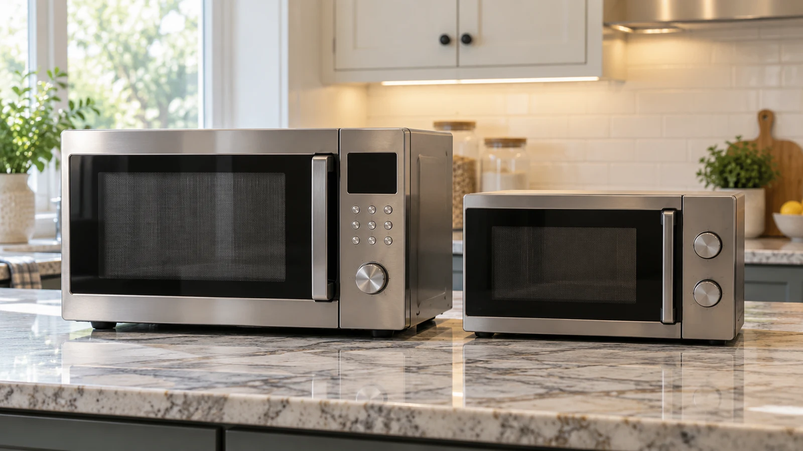Black+Decker 2.2-cu-ft microwave: Two differently sized stainless-steel microwaves sit side by side on a kitchen counter.