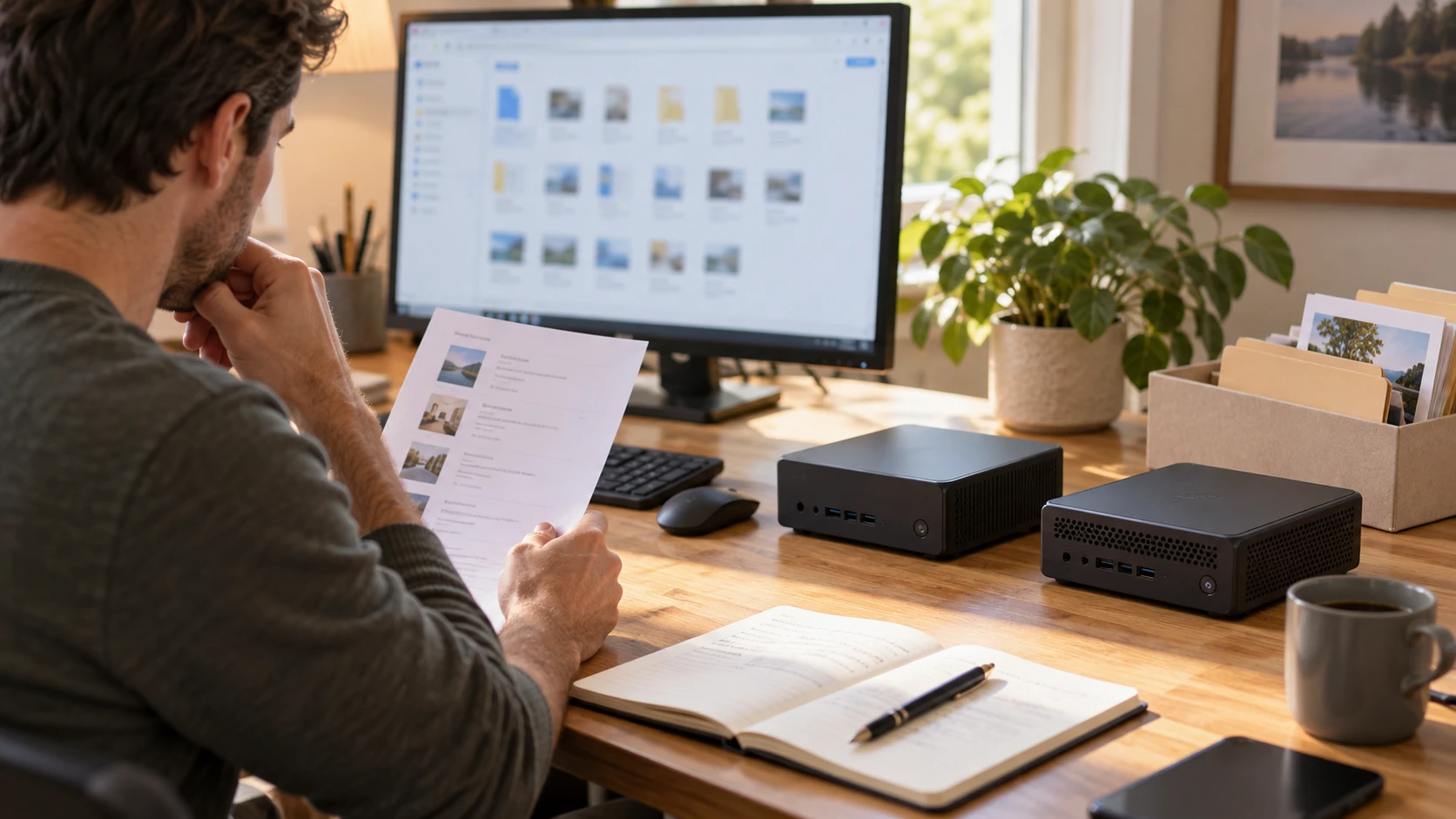 Dell Pro Micro vs HP Pro Mini 400 G9 buying guide illustrated by a buyer checking files beside two generic compact desktop computers, a monitor and folders; a conceptual scene, not the actual retail models.