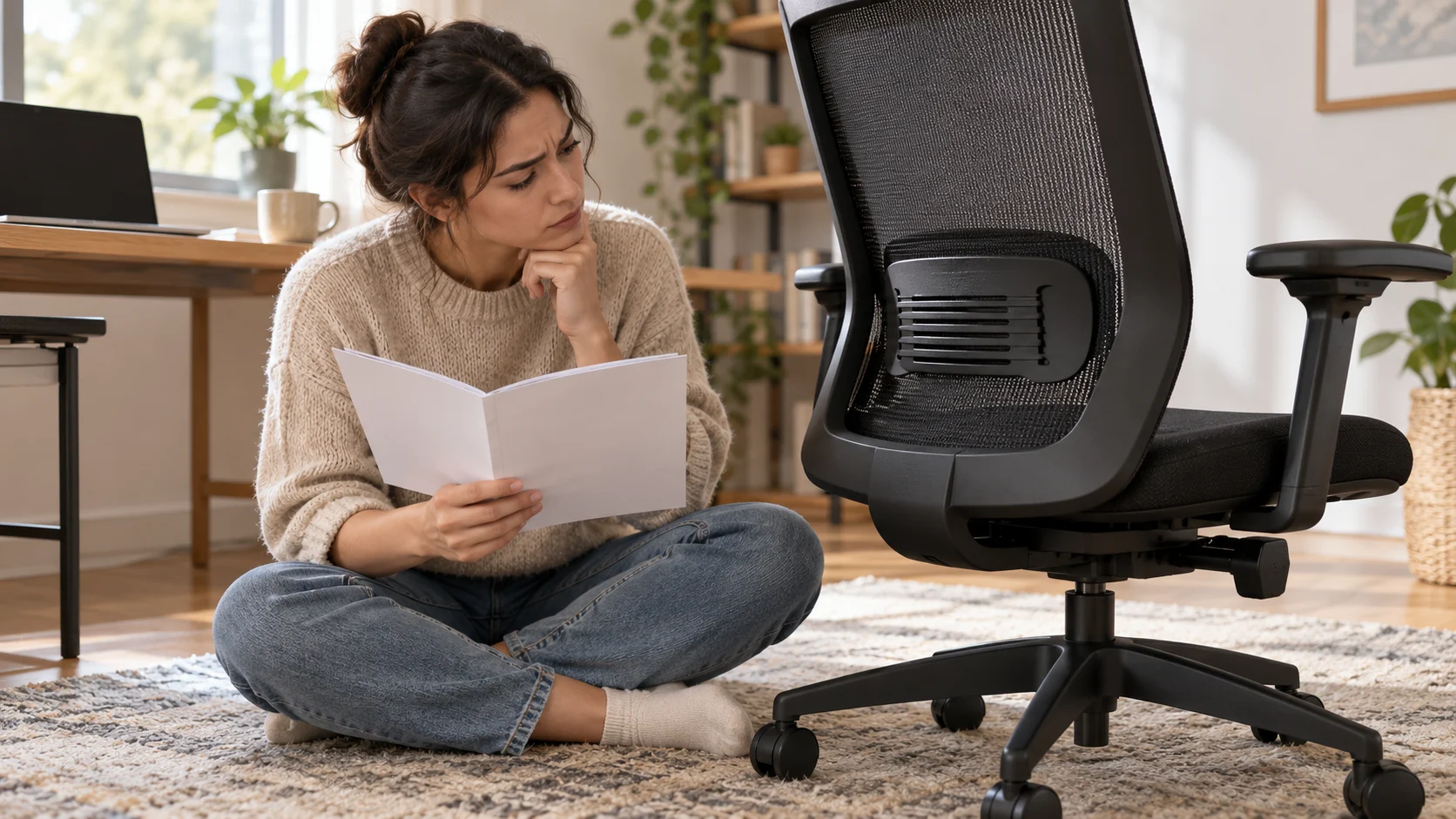 Office chair lumbar support not moving: a person reads model instructions beside the lumbar area of a mesh office chair