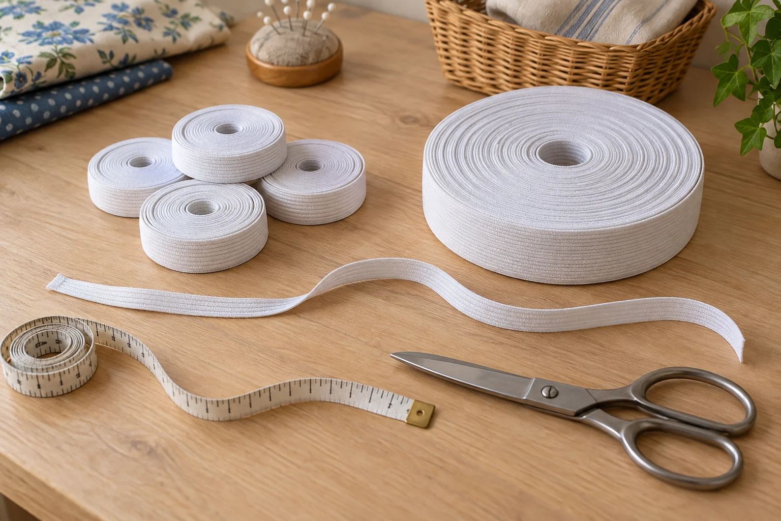 Conceptual elastic roll cost comparison with several small white elastic rolls, one larger roll and a relaxed length on a sewing table; generic supplies, not exact retail models.