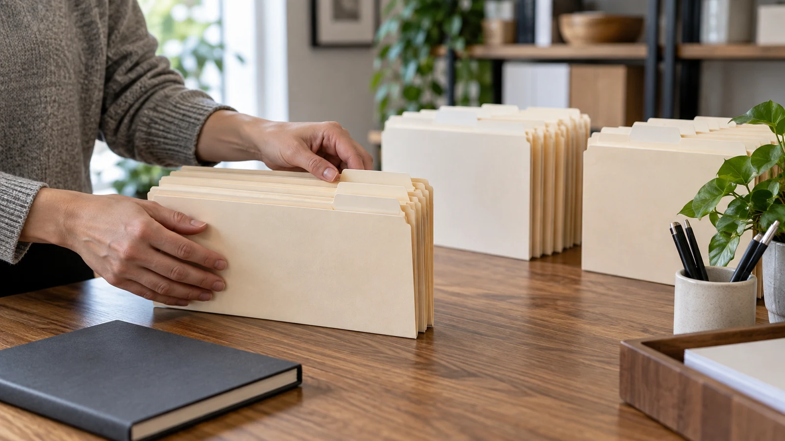 file naming conventions: Hands hold blank tabbed folders on a wooden desk beside a closed notebook.