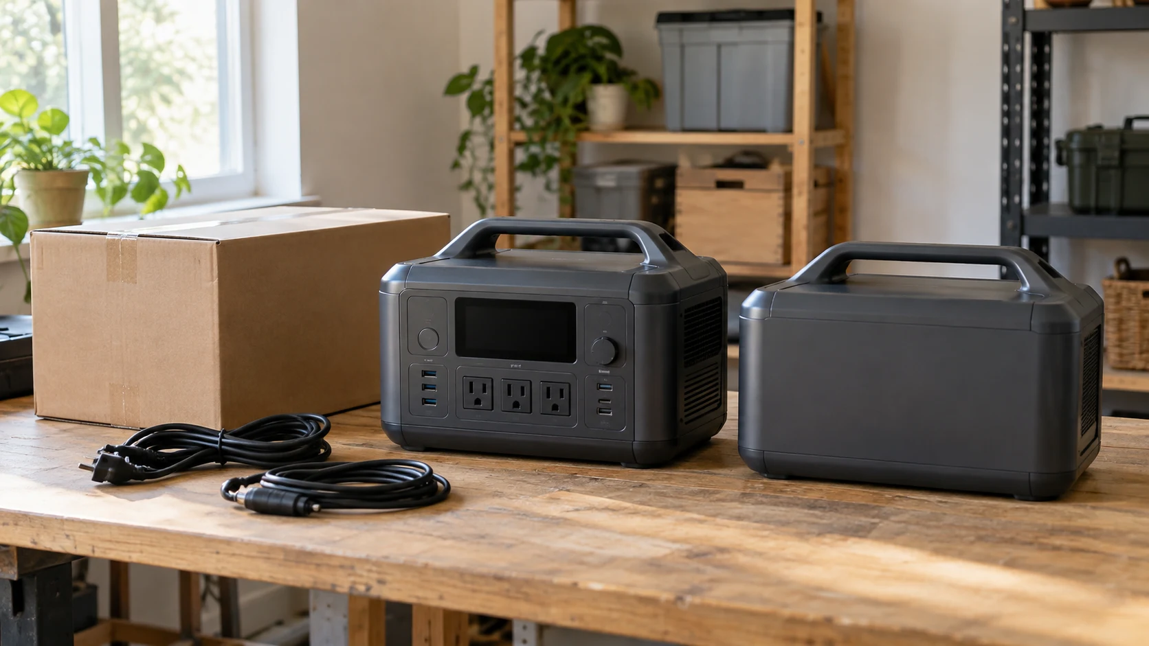 Power station package contents illustrated by generic switched-off battery units, an unmarked carton and loose cables; not exact retail models, supplied inventory, capacities or shipment timing.