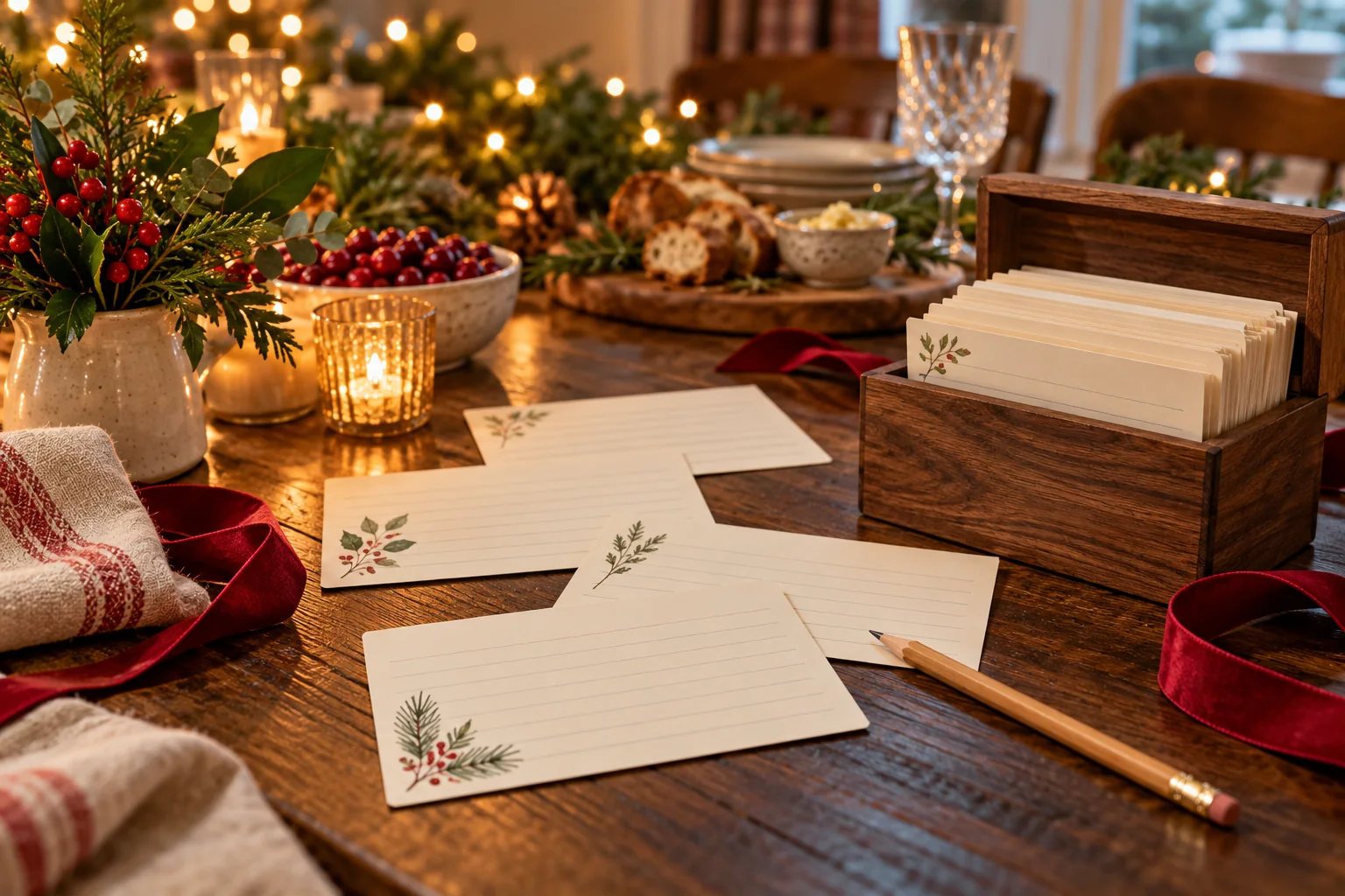 Holiday recipe card exchange with blank cards, a pencil and an open wooden card box on a warmly lit seasonal table.