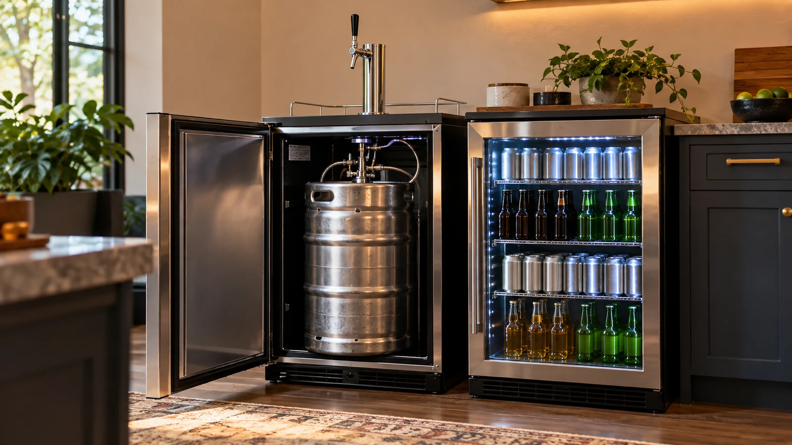 Whynter keg fridge: An open refrigerator holds a metal keg beside a glass-door cooler filled with cans and bottles.