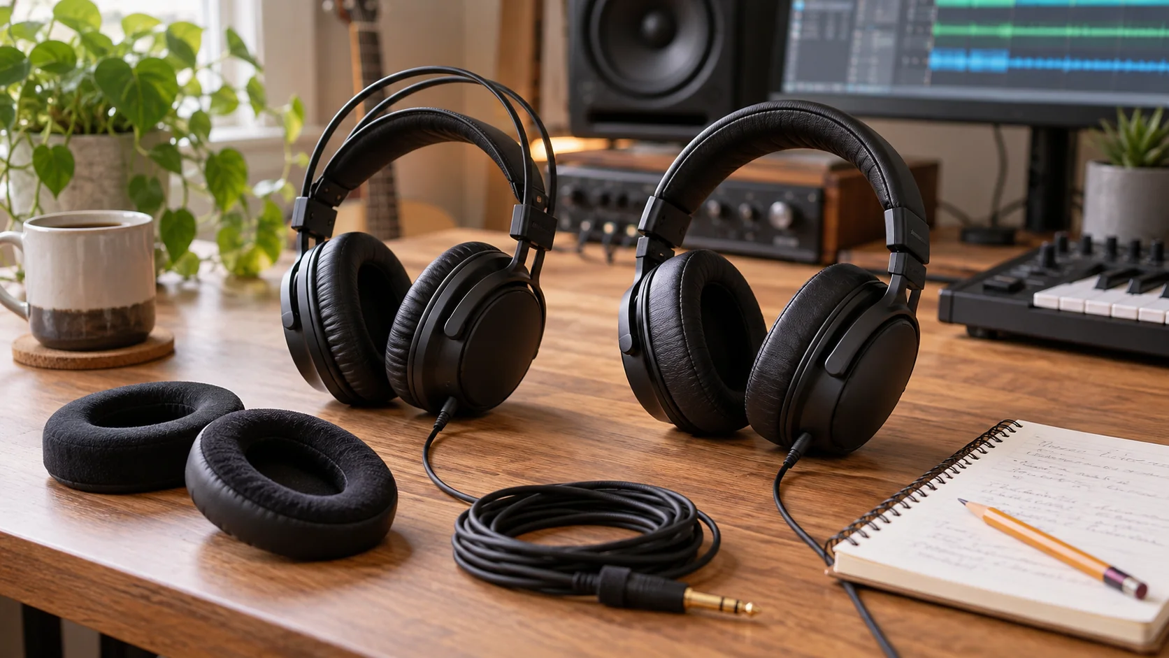 Headphone replacement cost planning illustrated by generic wired headphones, loose cushions and an upkeep list; conceptual cover, not actual AKG K72 or HD 300 PRO parts or tested lifespan.
