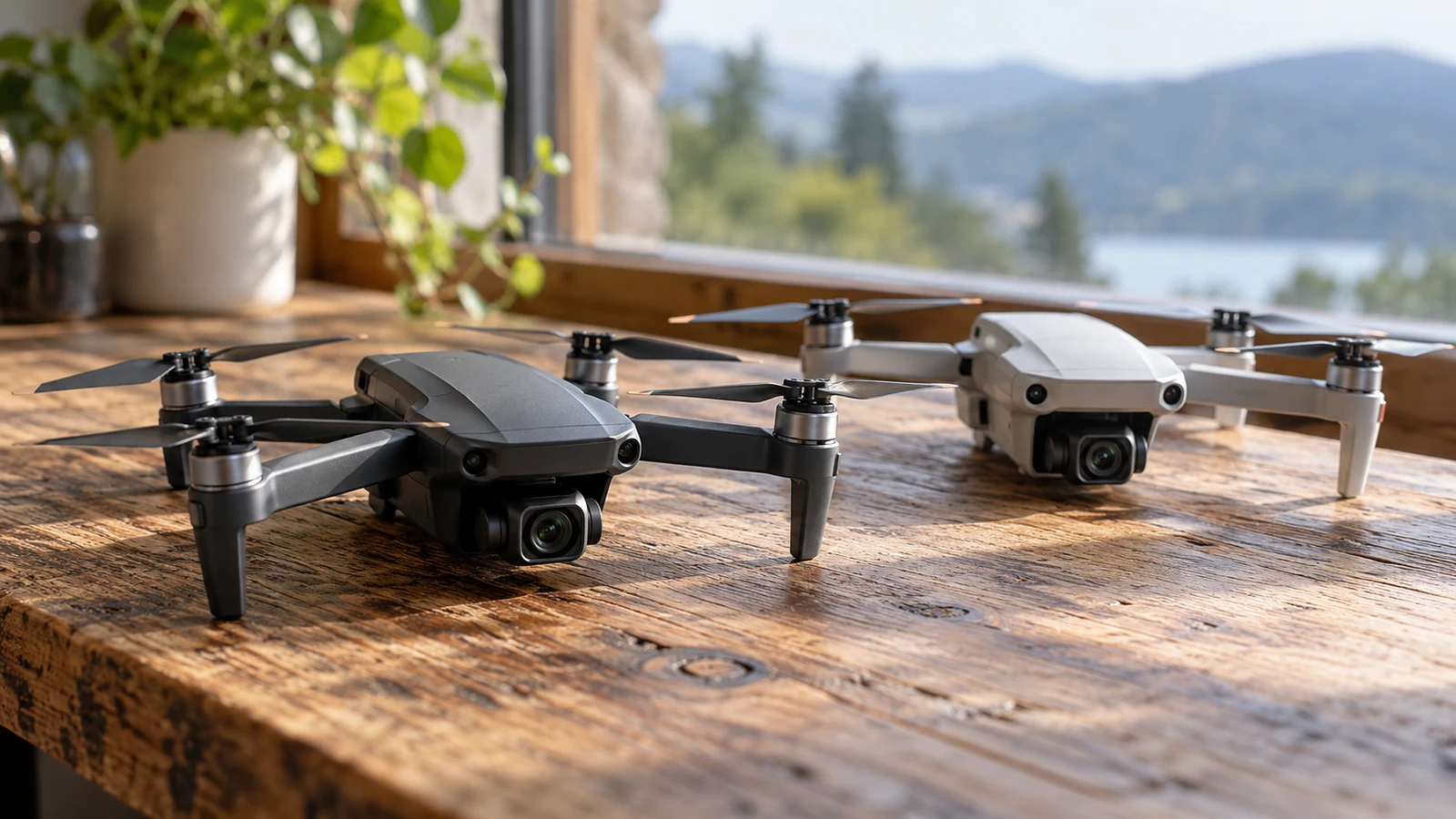 dronlife S112B: Two unbranded camera drones rest on a wooden table beside a window.