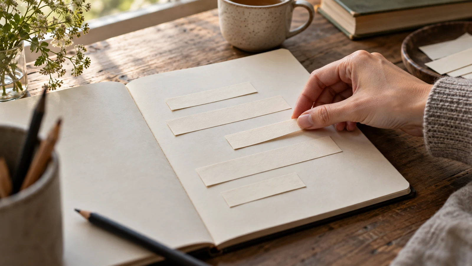 poetry line breaks: A hand arranges blank paper strips in staggered rows on an open notebook.