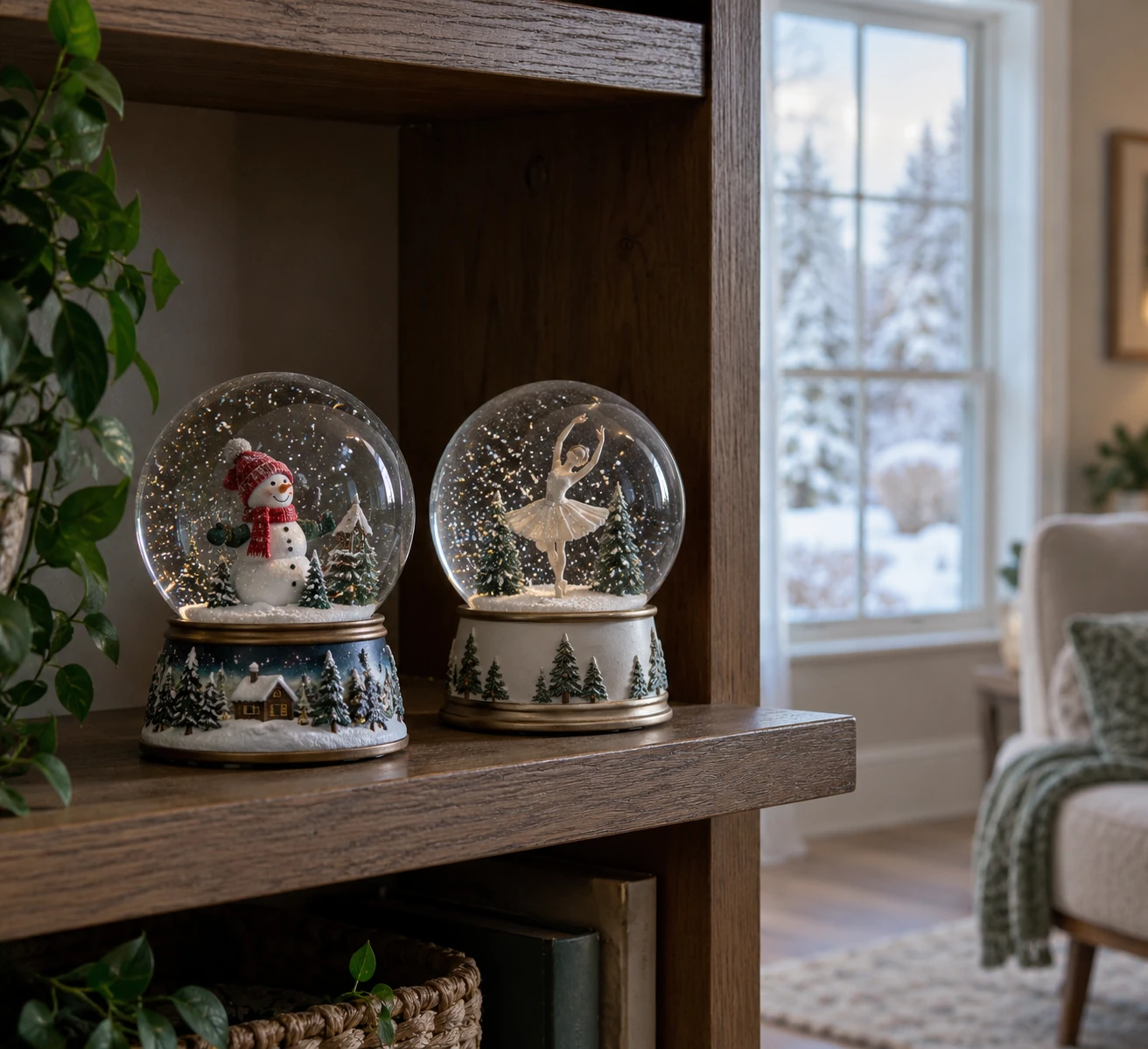Christmas snow globe placement concept with two generic whole ornaments on a shaded interior shelf and a winter window beyond the display.