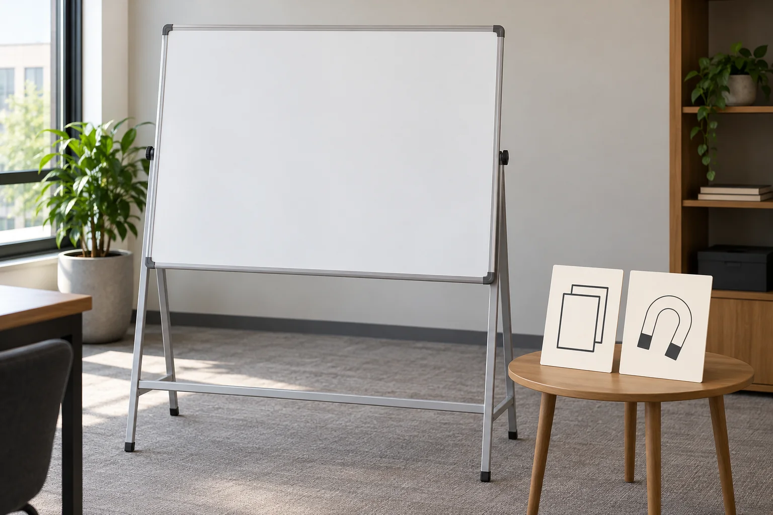 Whiteboard face count and magnet use separates generic face-count and magnetic-feature notes beside a freestanding board, without a rear-surface test.