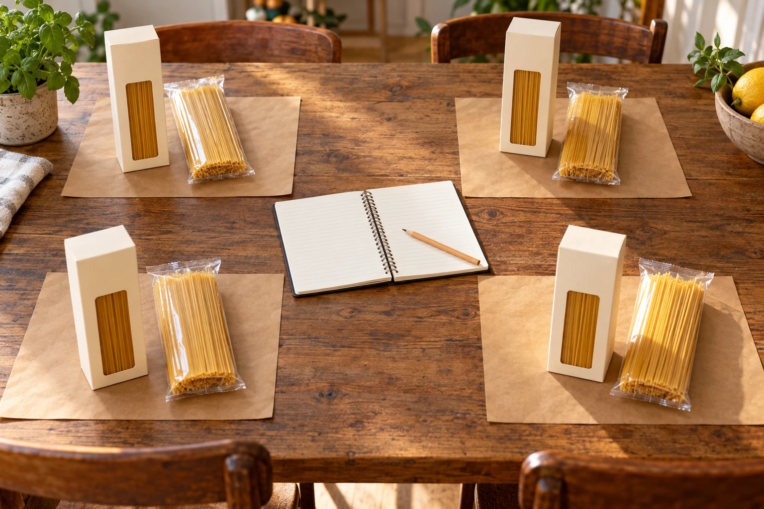 Whole-pack spaghetti allocation illustrated by intact generic pasta packages grouped for four recipients beside a planning notebook; exact quantities are conceptual.