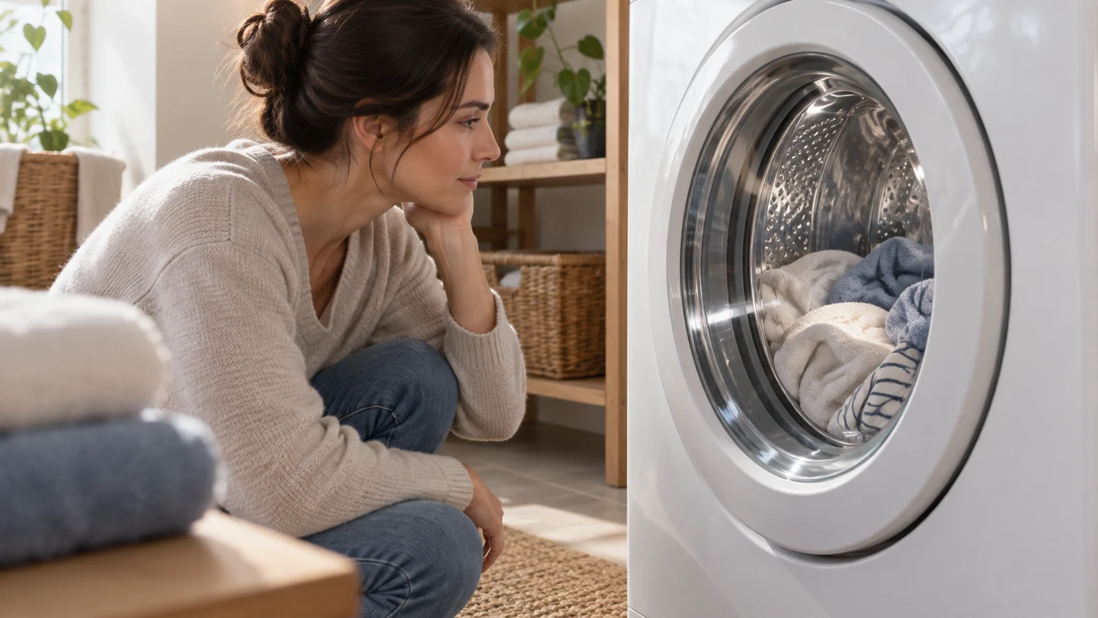 washing machine pause checks: A woman crouches beside a white washing machine and looks through its round glass door.